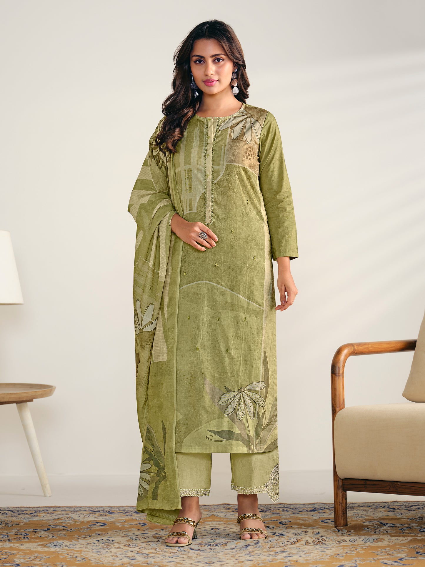 AASHIMA OLIVE GREEN Pure Cotton Suit Set with Stunning Fancy Handwork