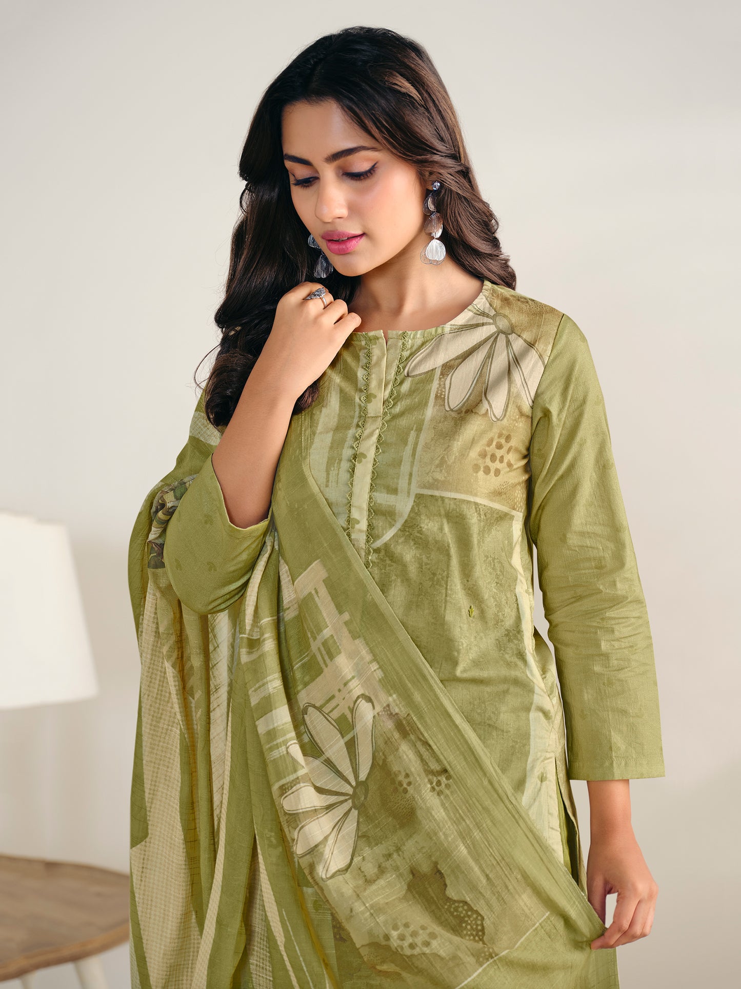 AASHIMA OLIVE GREEN Pure Cotton Suit Set with Stunning Fancy Handwork