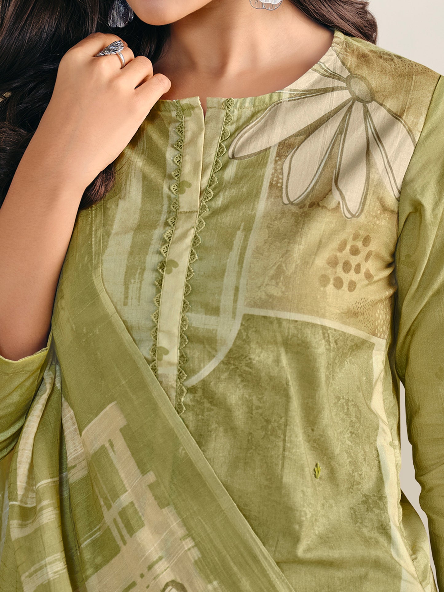 AASHIMA OLIVE GREEN Pure Cotton Suit Set with Stunning Fancy Handwork