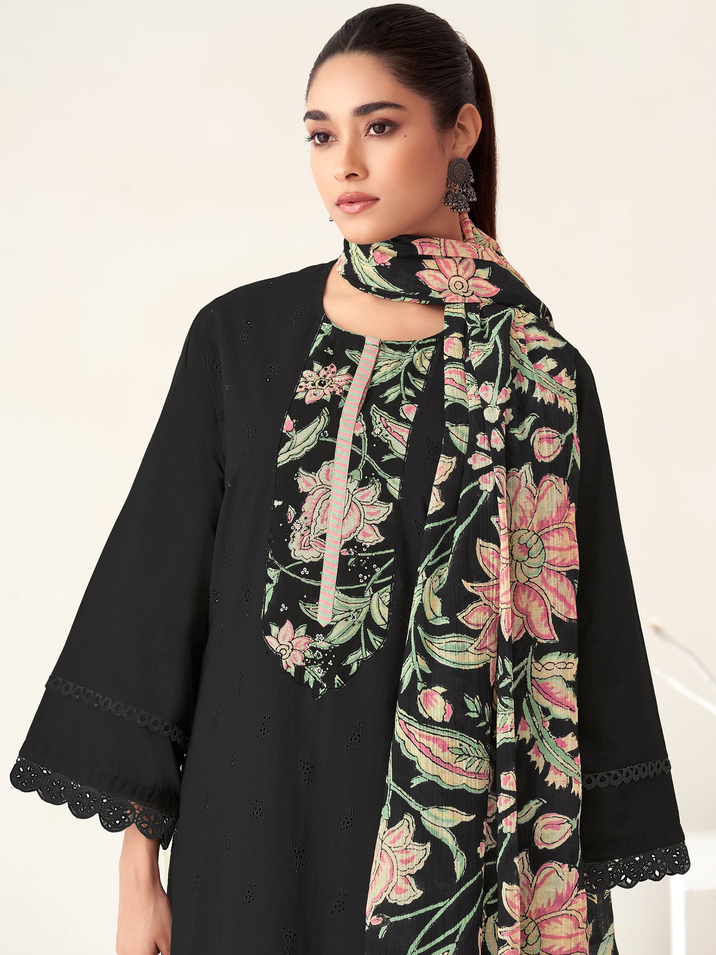 PRATHA BLACK Pure Cotton Unstitched Set with Intricate Handwork & Elegant Embroidery