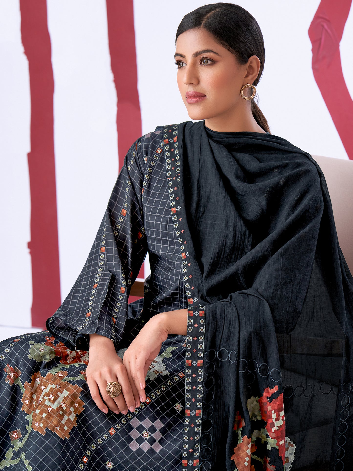 PIXEL BLACK Pure Muslin Suit Set With Elegant Handwork & Embroidery