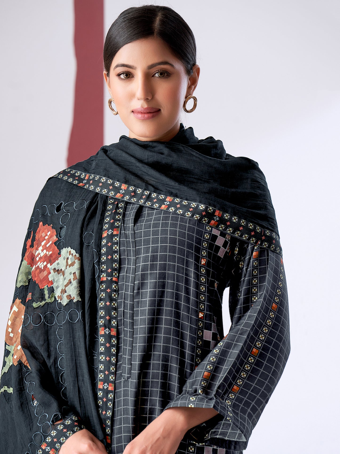 PIXEL BLACK Pure Muslin Suit Set With Elegant Handwork & Embroidery