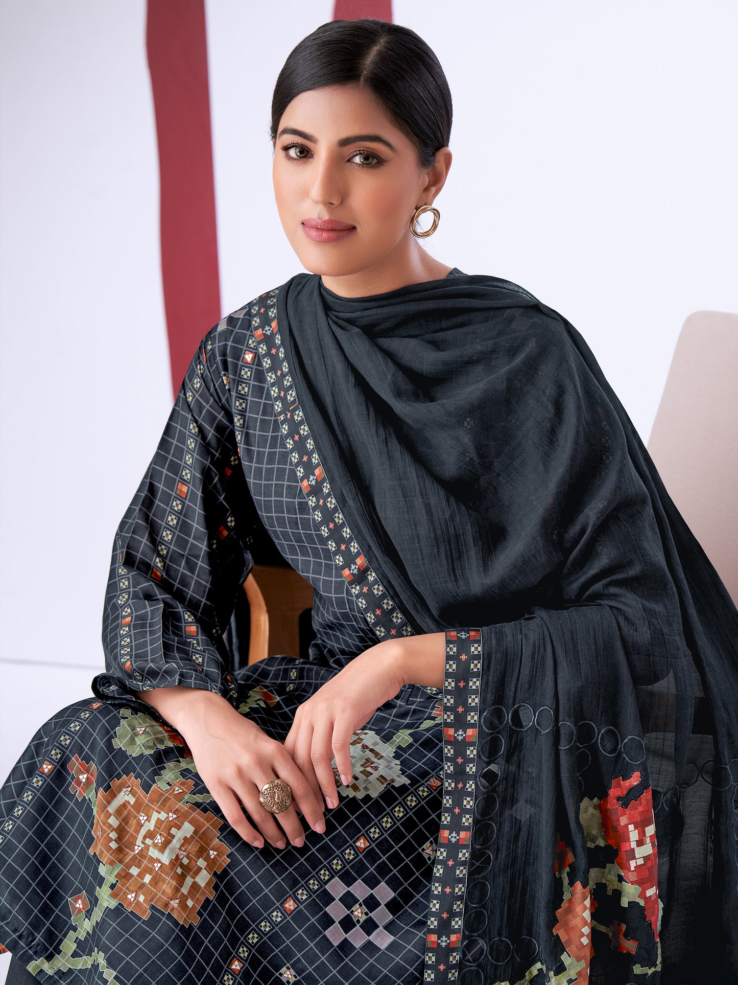 PIXEL BLACK Pure Muslin Suit Set With Elegant Handwork & Embroidery