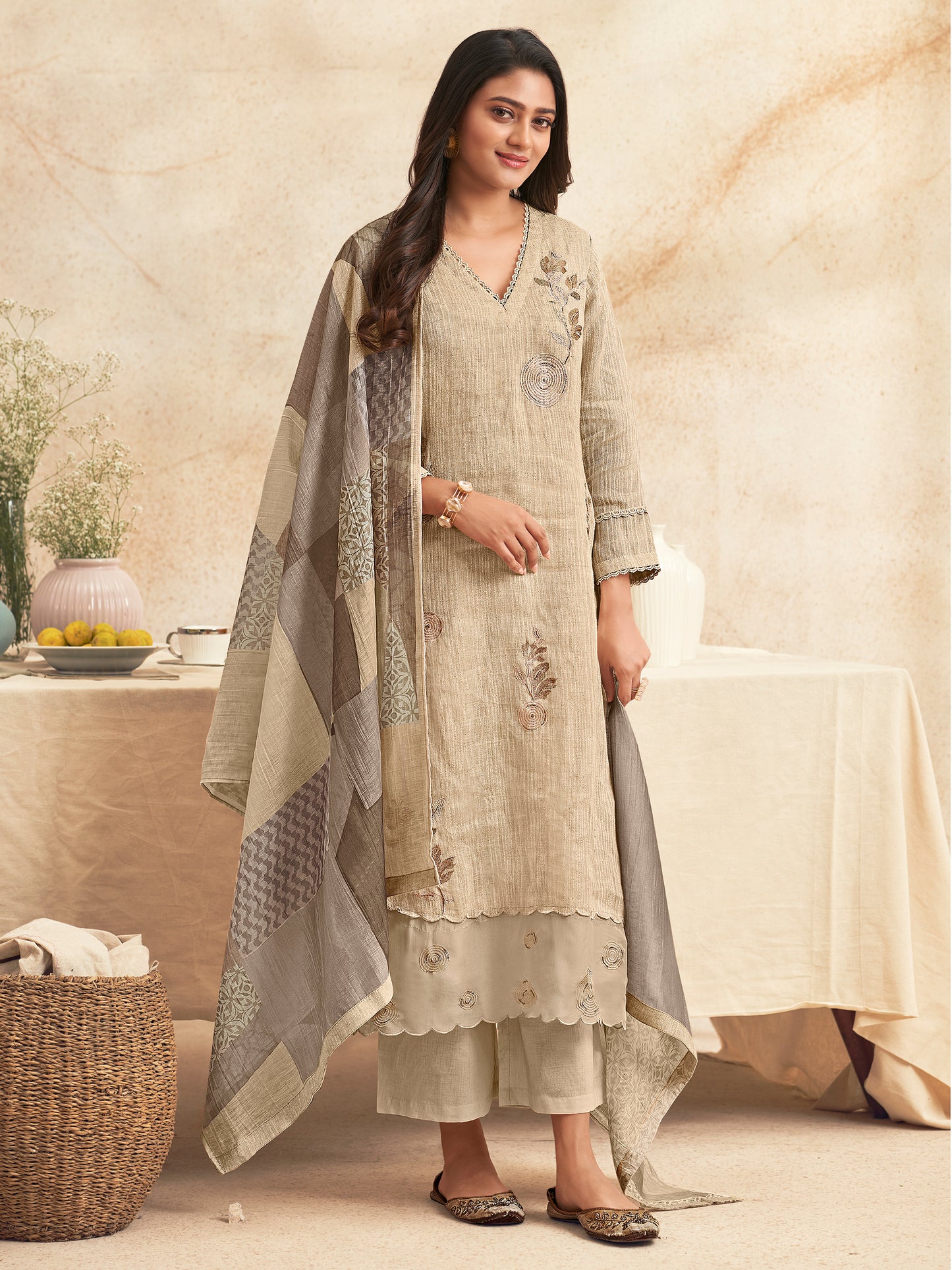 NIRJHARI BEIGE Pure Fancy Linen Zari Suit Set With Elegant Handwork, Embroidery & Threadal