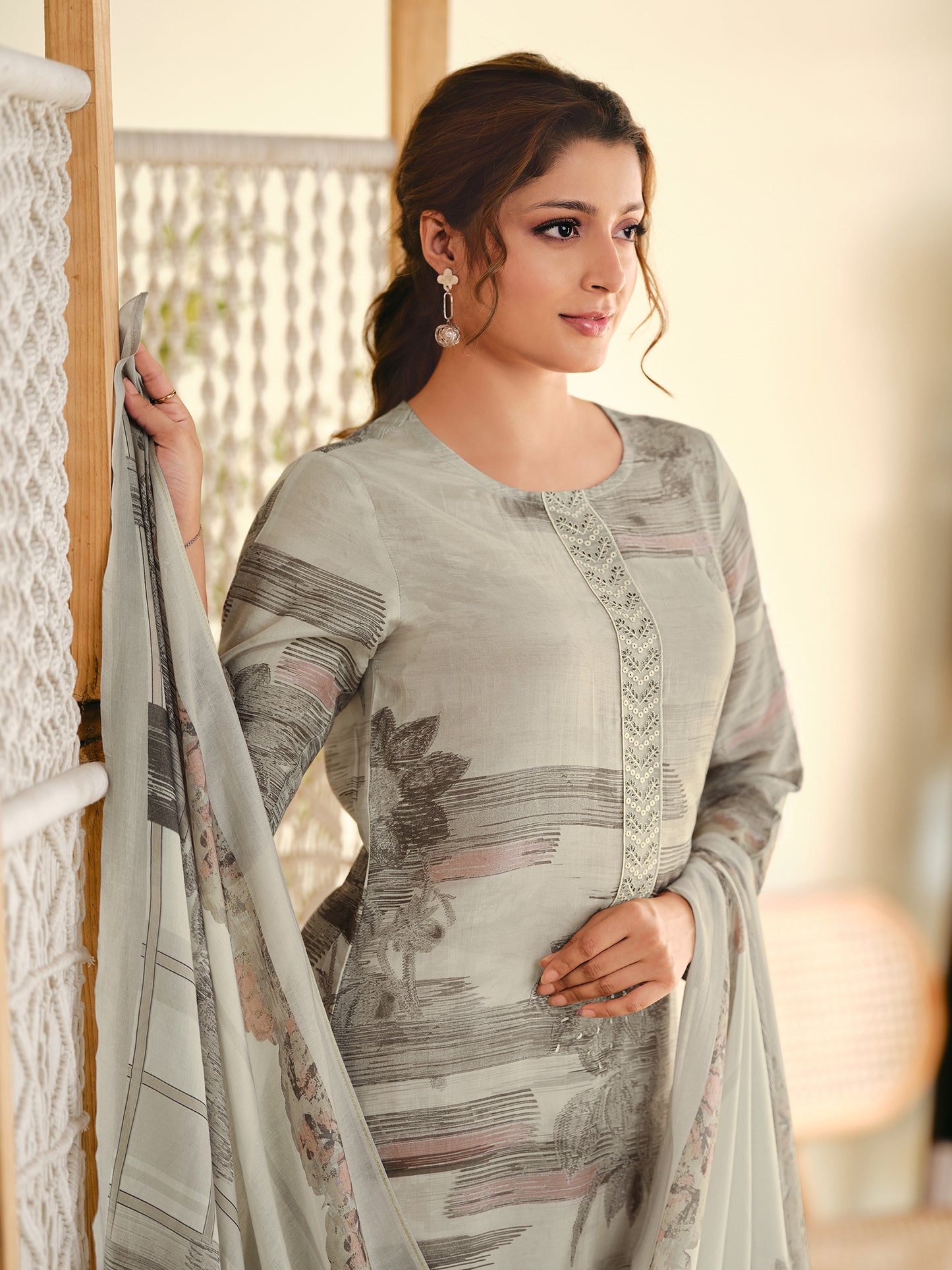 ASMITA CREAM Pure Muslin Unstitched Set With Fancy Handwork And Embroidery