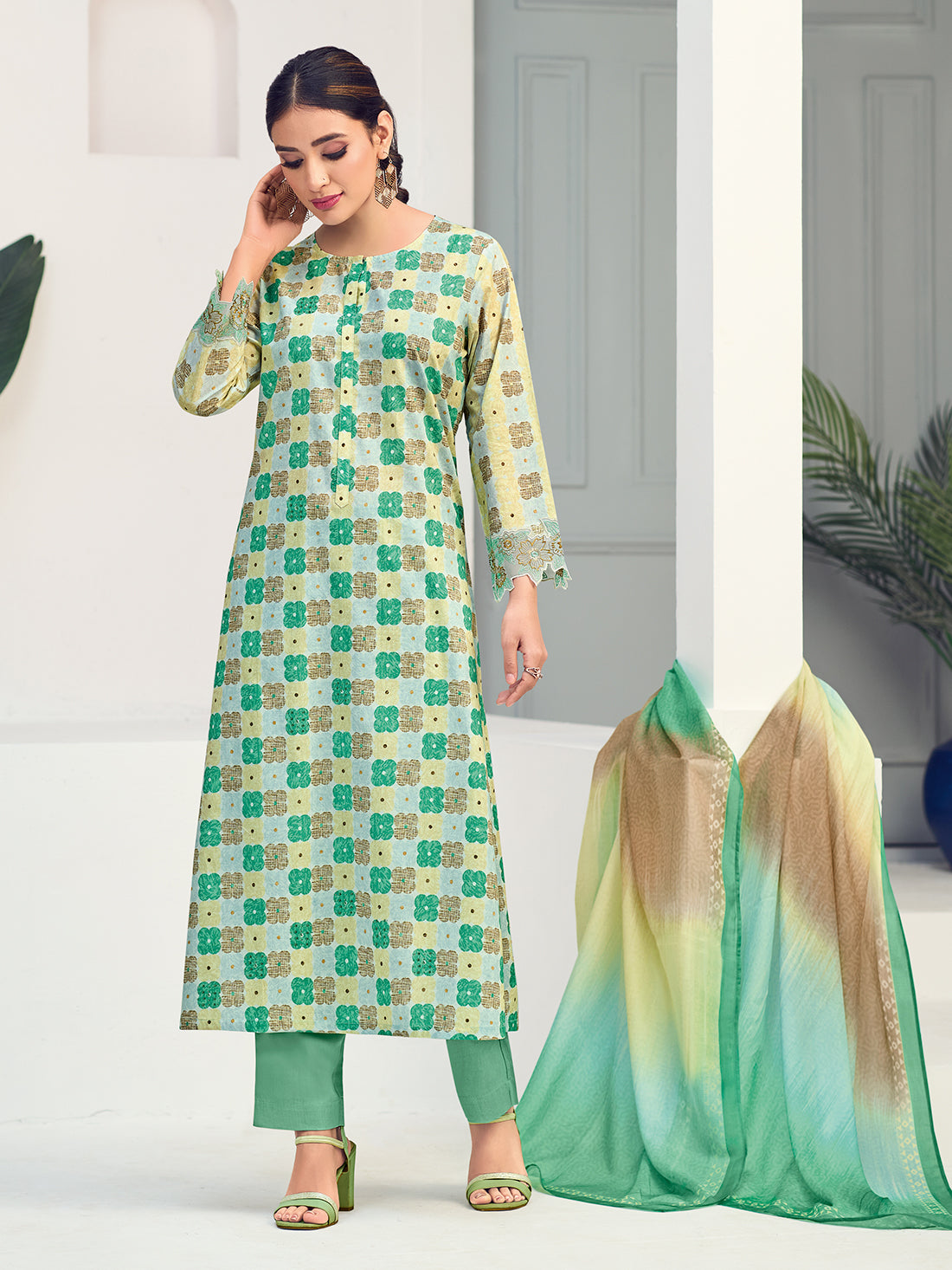FIONA Green Pure Cotton Lawn Suit Set With Hand work