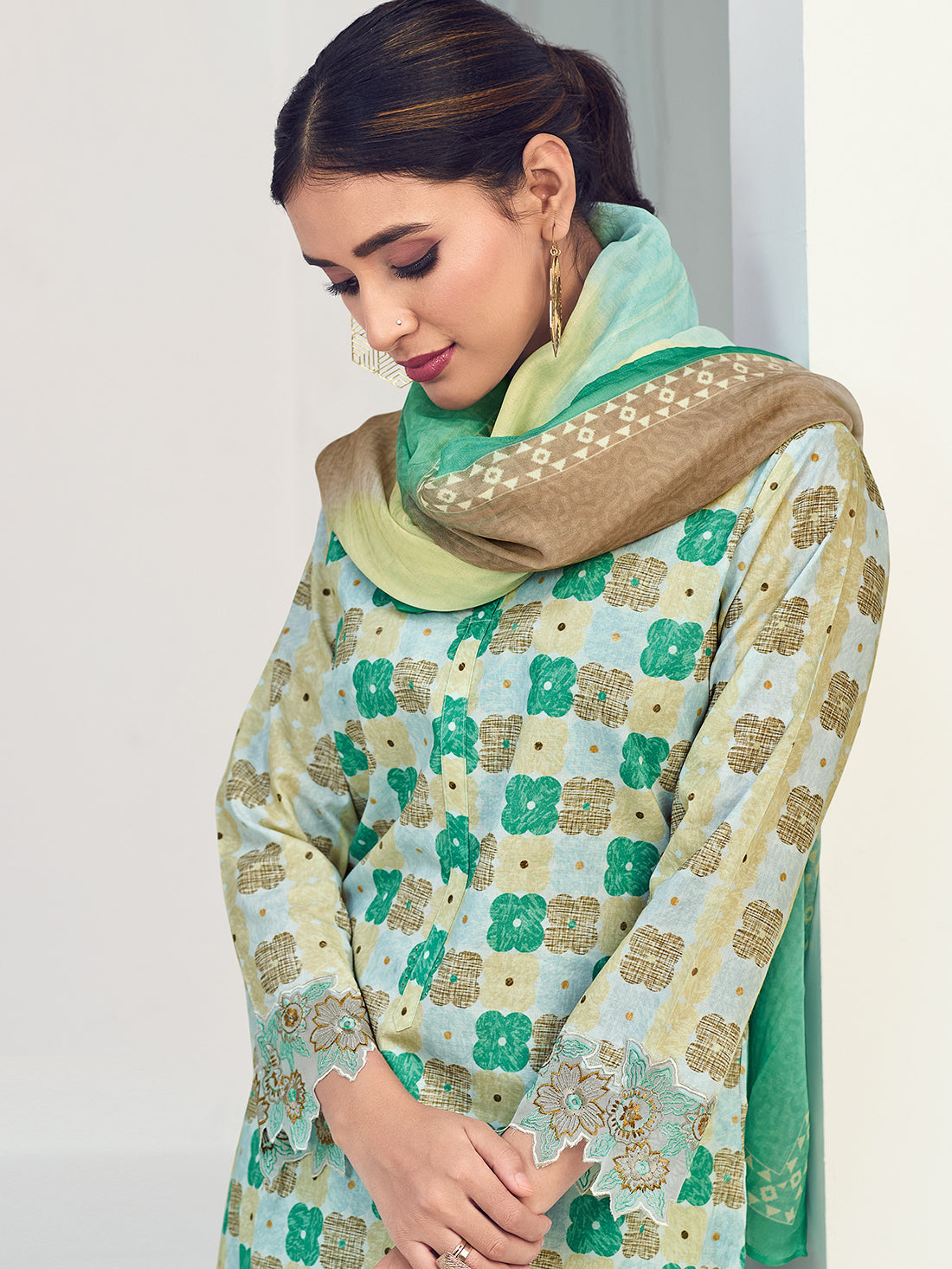 FIONA Green Pure Cotton Lawn Suit Set With Hand work