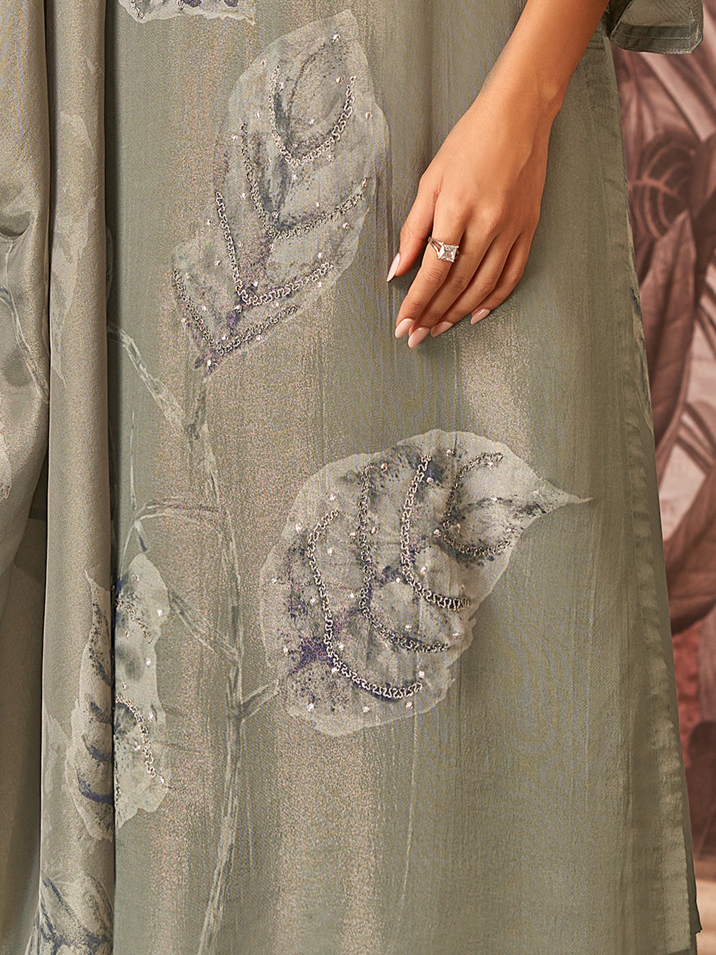 RASHAM Elegant Green Pure Simmer Jaquard Suit Set With Exquisite Handwork & Embroidery