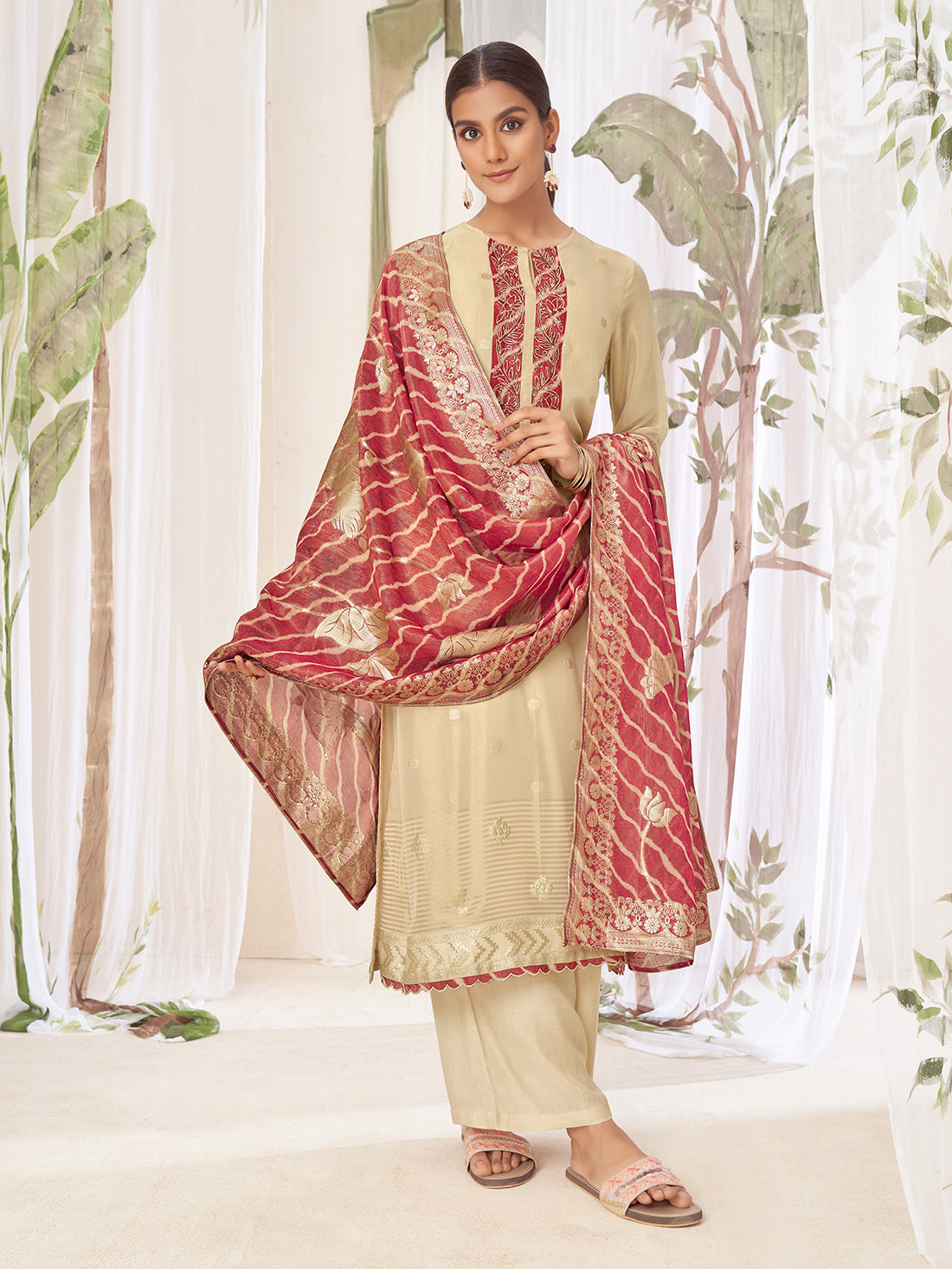 GEETANJALI Red Fancy Jaquard Unstitched Set With Handwork Embroidery
