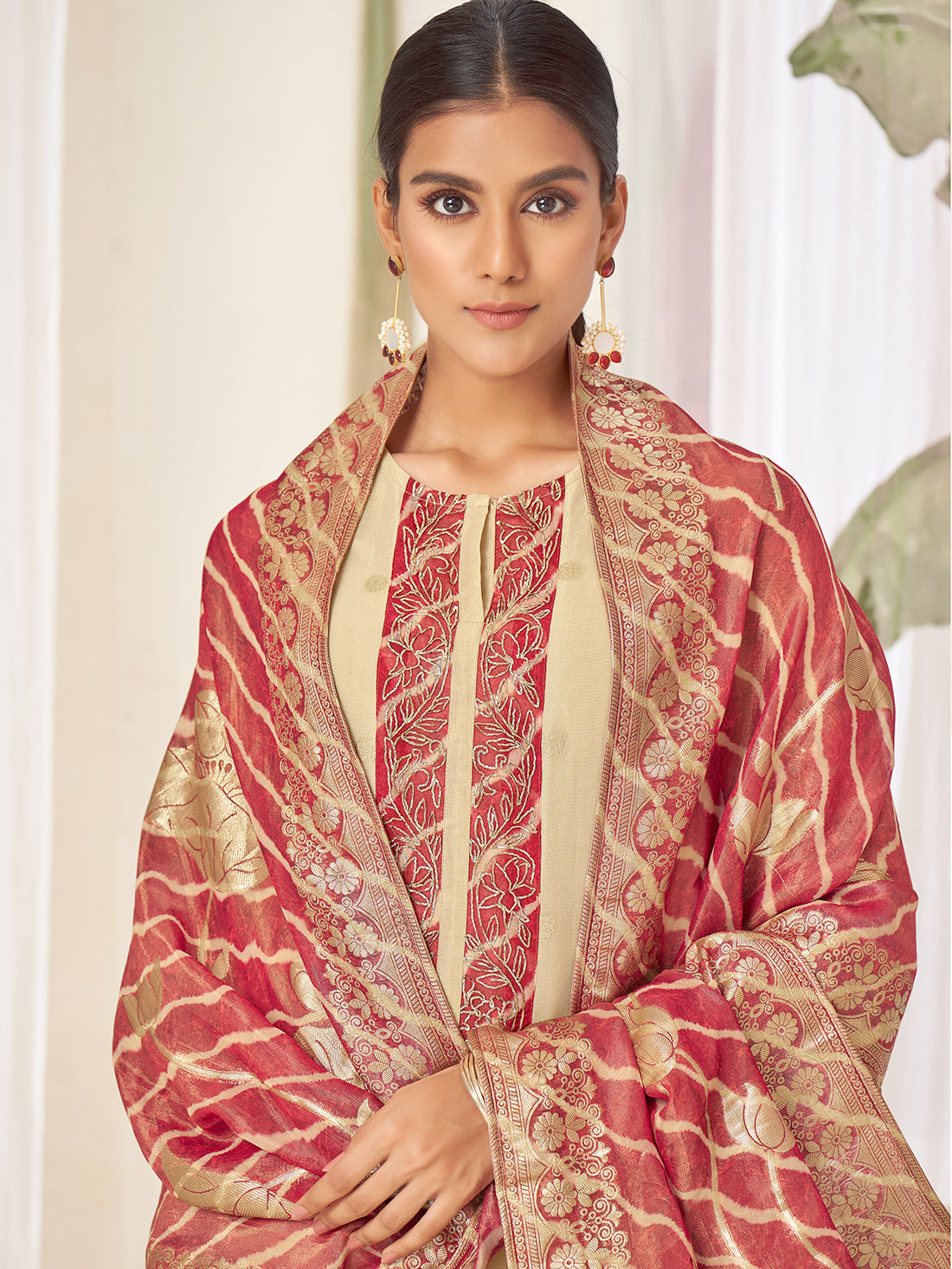 GEETANJALI Red Fancy Jaquard Unstitched Set With Handwork Embroidery
