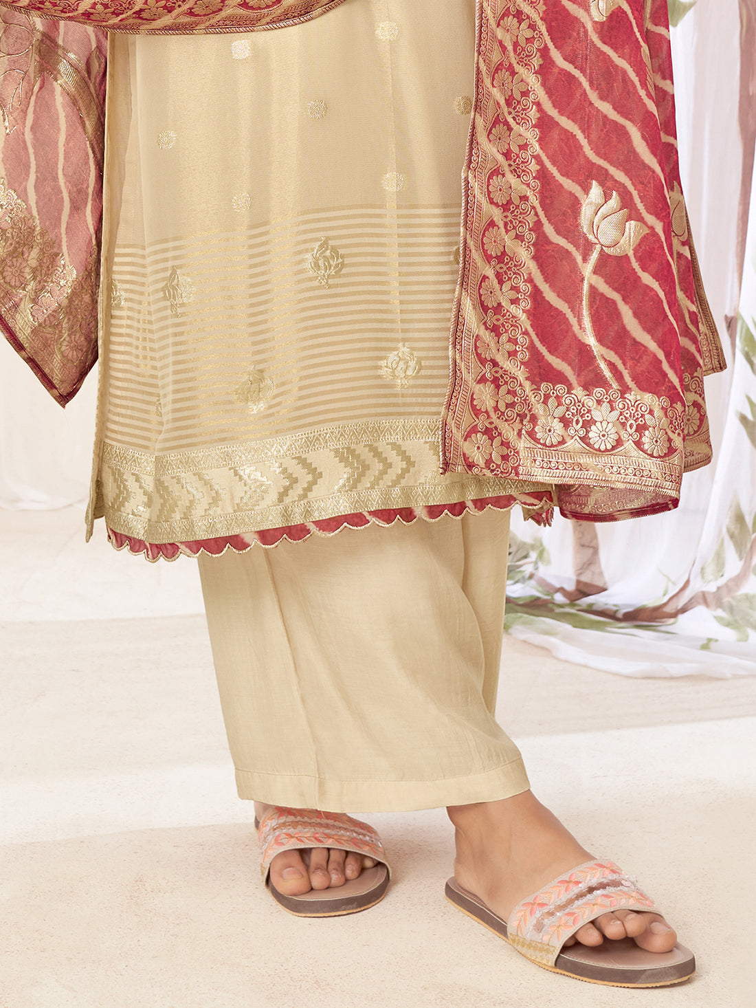 GEETANJALI Red Fancy Jaquard Unstitched Set With Handwork Embroidery