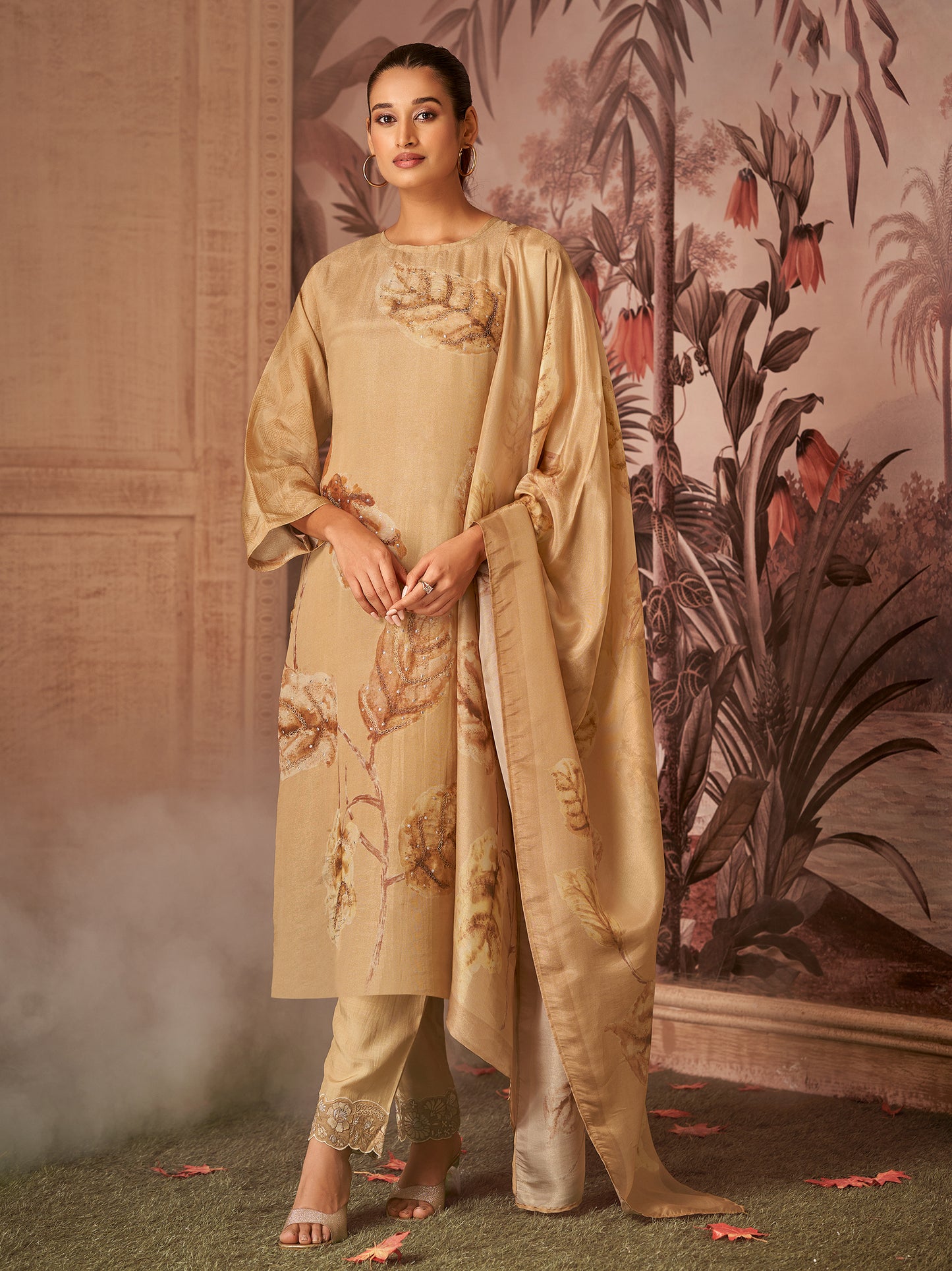 RASHAM Elegant Mustard Pure Simmer Jaquard Suit Set With Exquisite Handwork & Embroidery