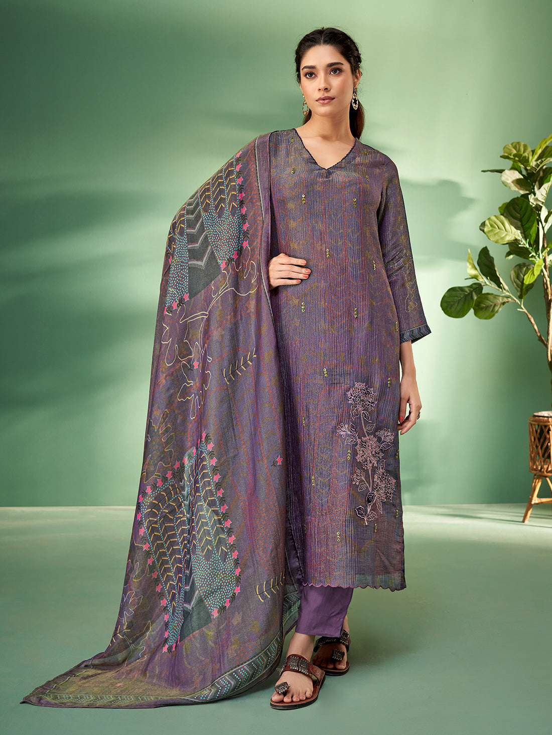 JANASYA VIOLET Simmar Crush Suit Set With Fancy Handwork & Embroidery Patch Work