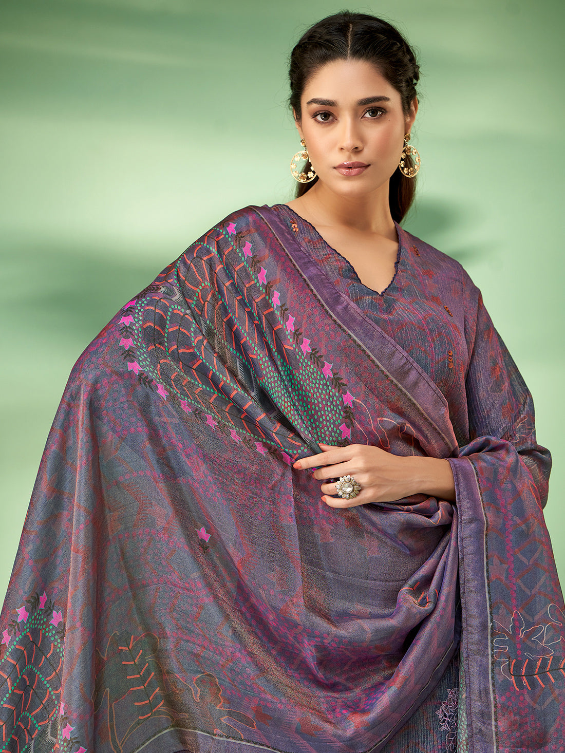 JANASYA VIOLET Simmar Crush Suit Set With Fancy Handwork & Embroidery Patch Work