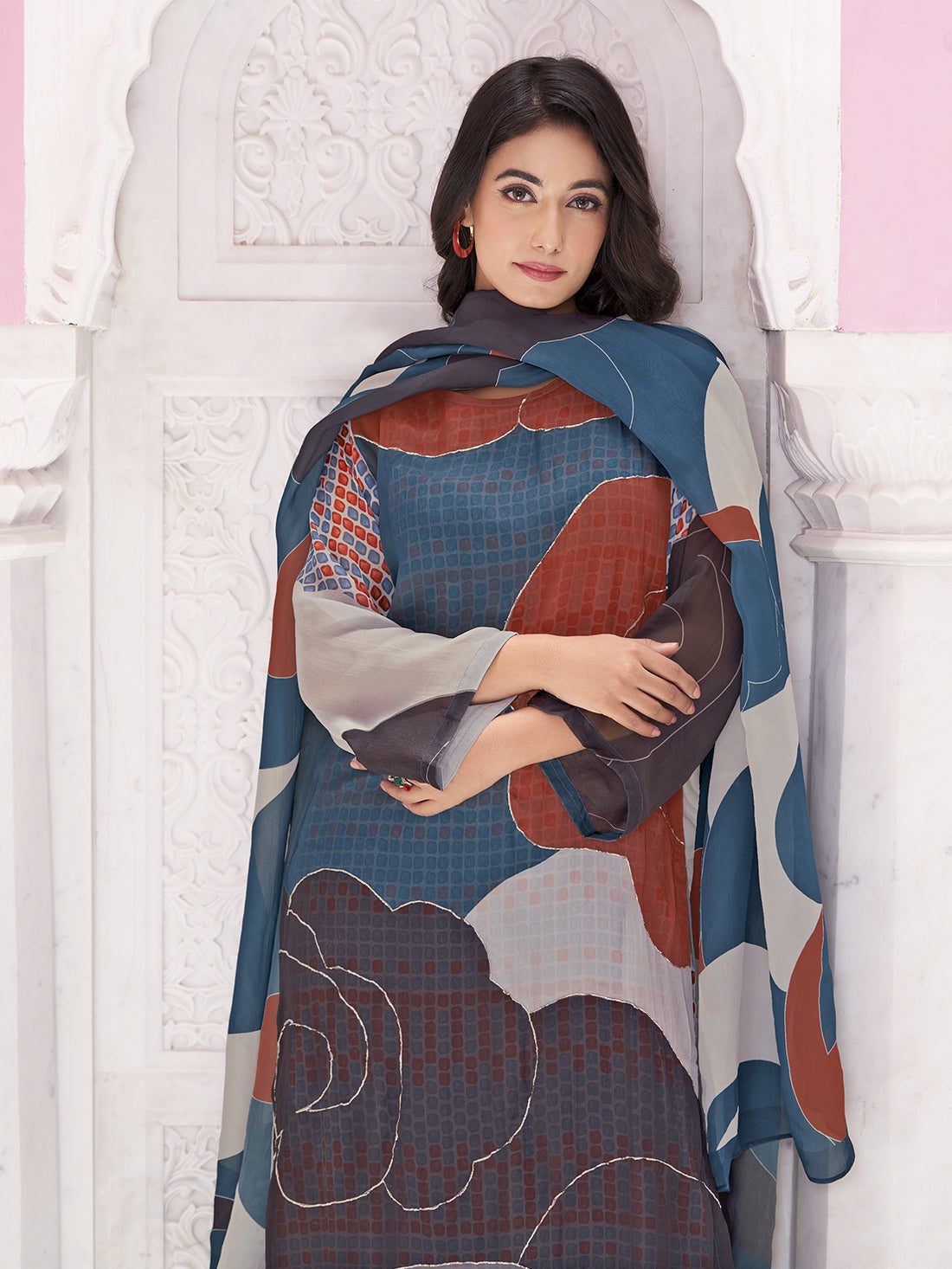 RIHALA Dark Firoji Martin Orgenza Suit Set With Hand work