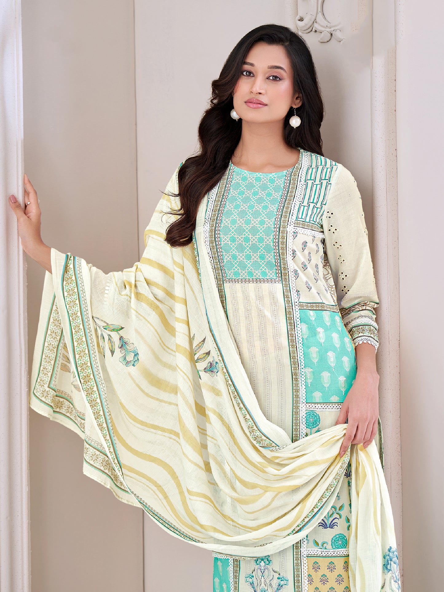 JUHI LIGHTOLIVEGREEN Pure Cotton Unstitched Set with Elegant Handwork