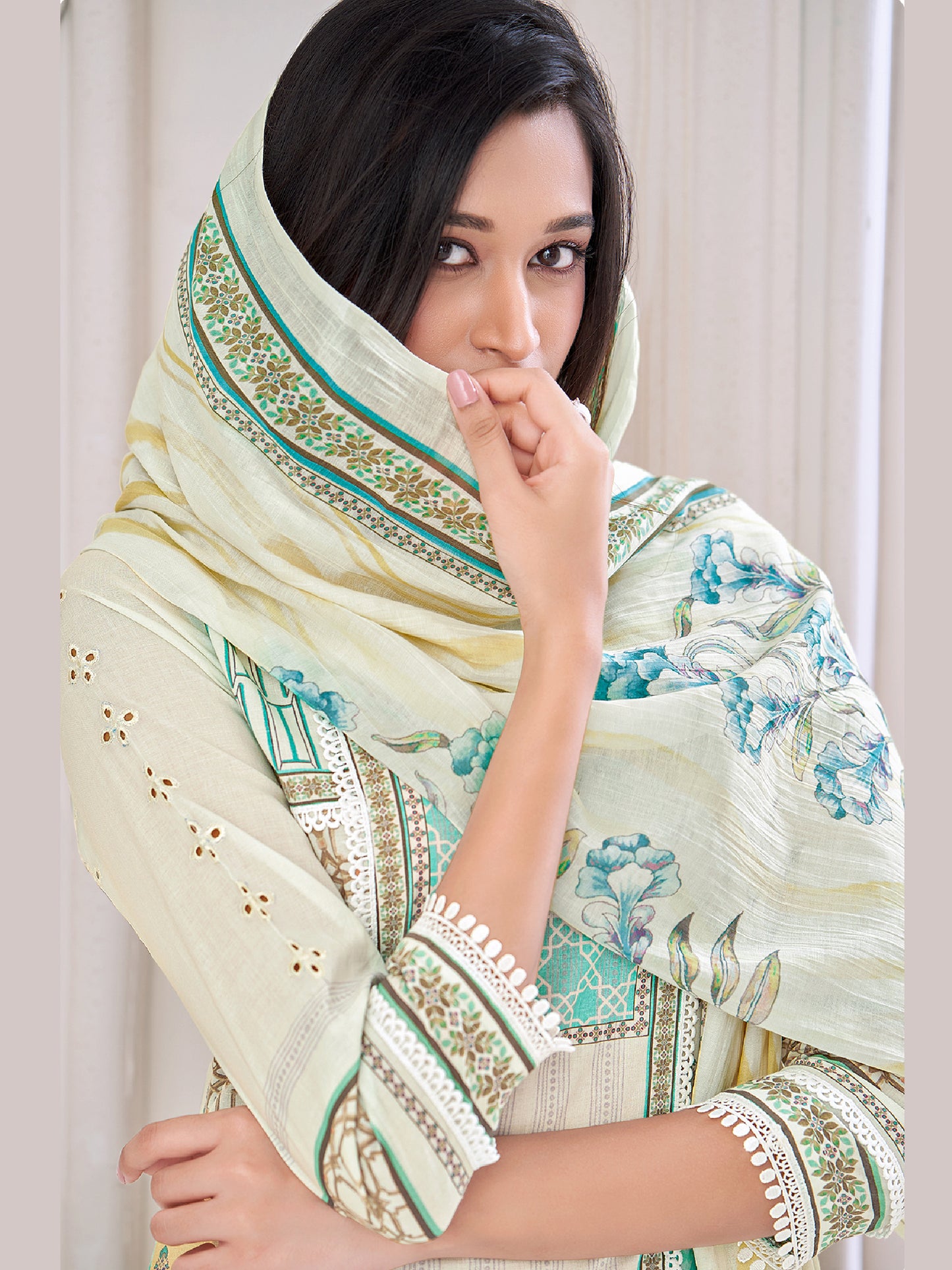 JUHI LIGHTOLIVEGREEN Pure Cotton Unstitched Set with Elegant Handwork