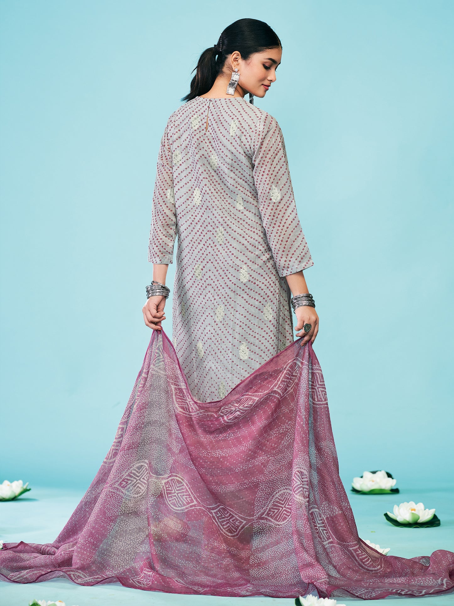 SAMREEN LIGHT GREY Pure Linen Jaquard Suit Set with Stunning Fancy Handwork