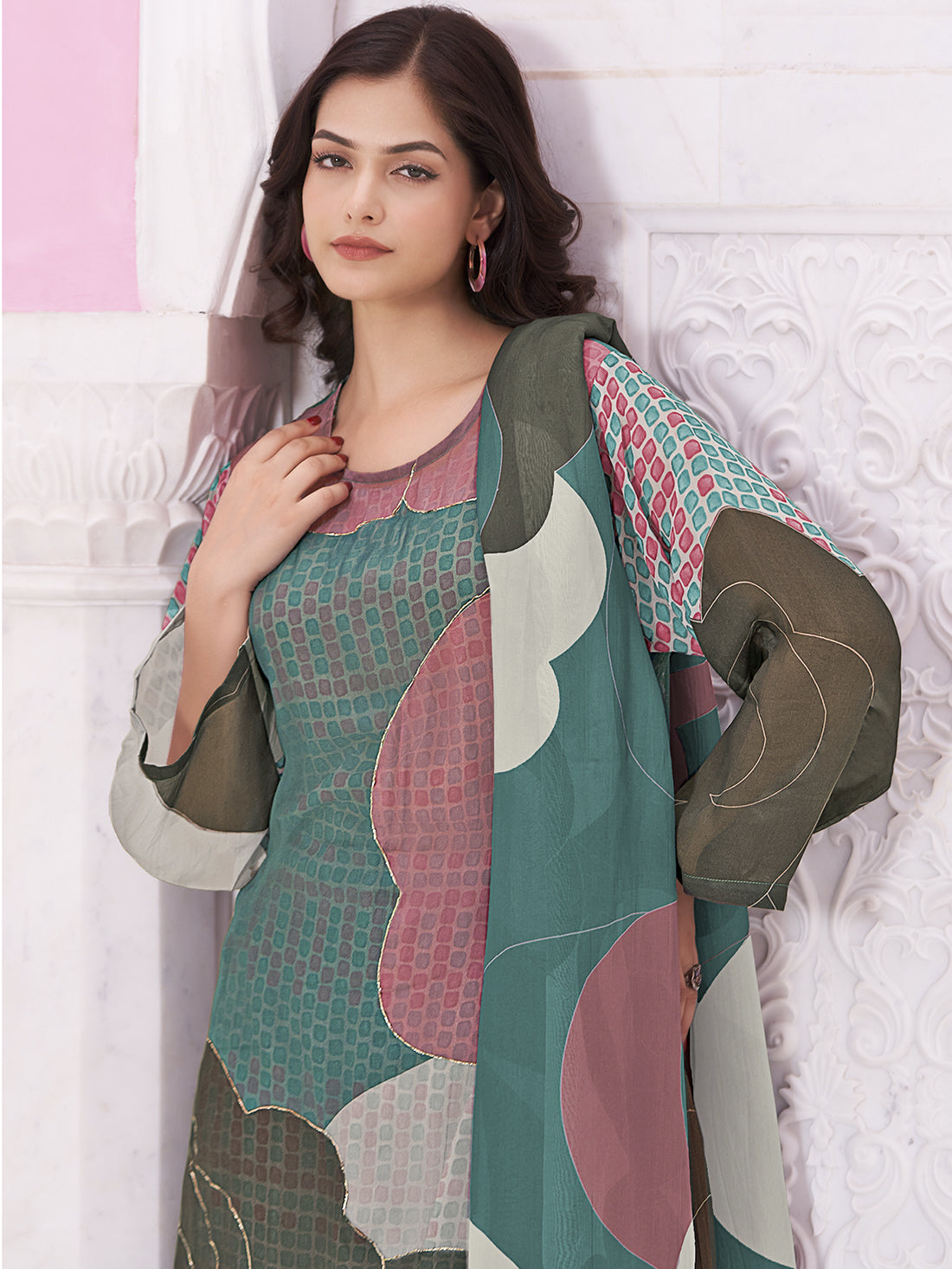 RIHALA Rama Green Martin Orgenza Suit Set With Hand work