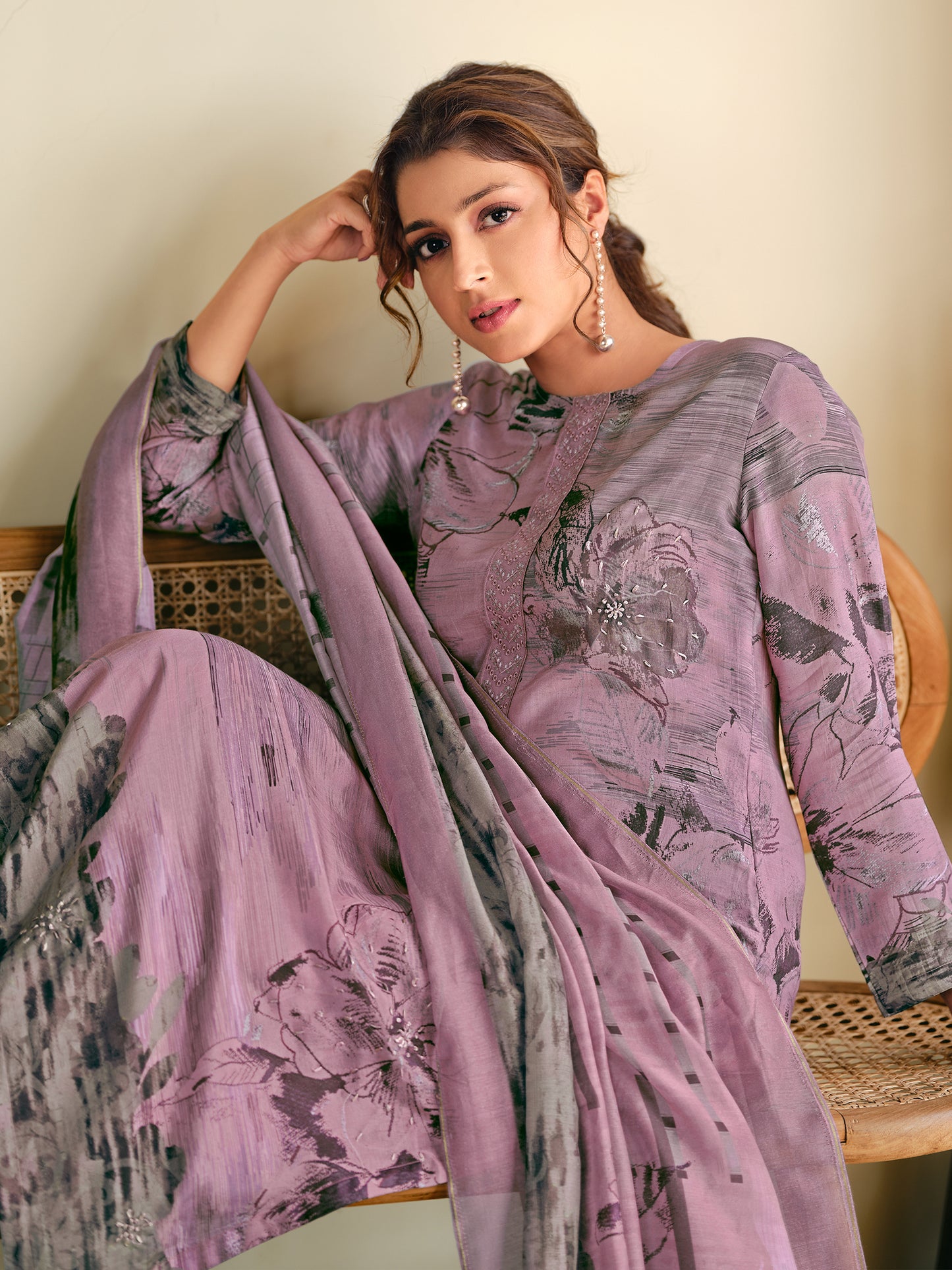 ASMITA LIGHTPURPLE Pure Muslin Unstitched Set With Fancy Handwork And Embroidery