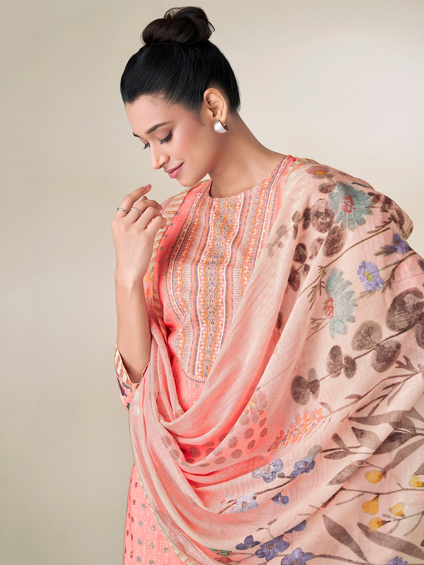 SHWET PEACH Pure Cotton Unstitched Set with Handwork Elegance