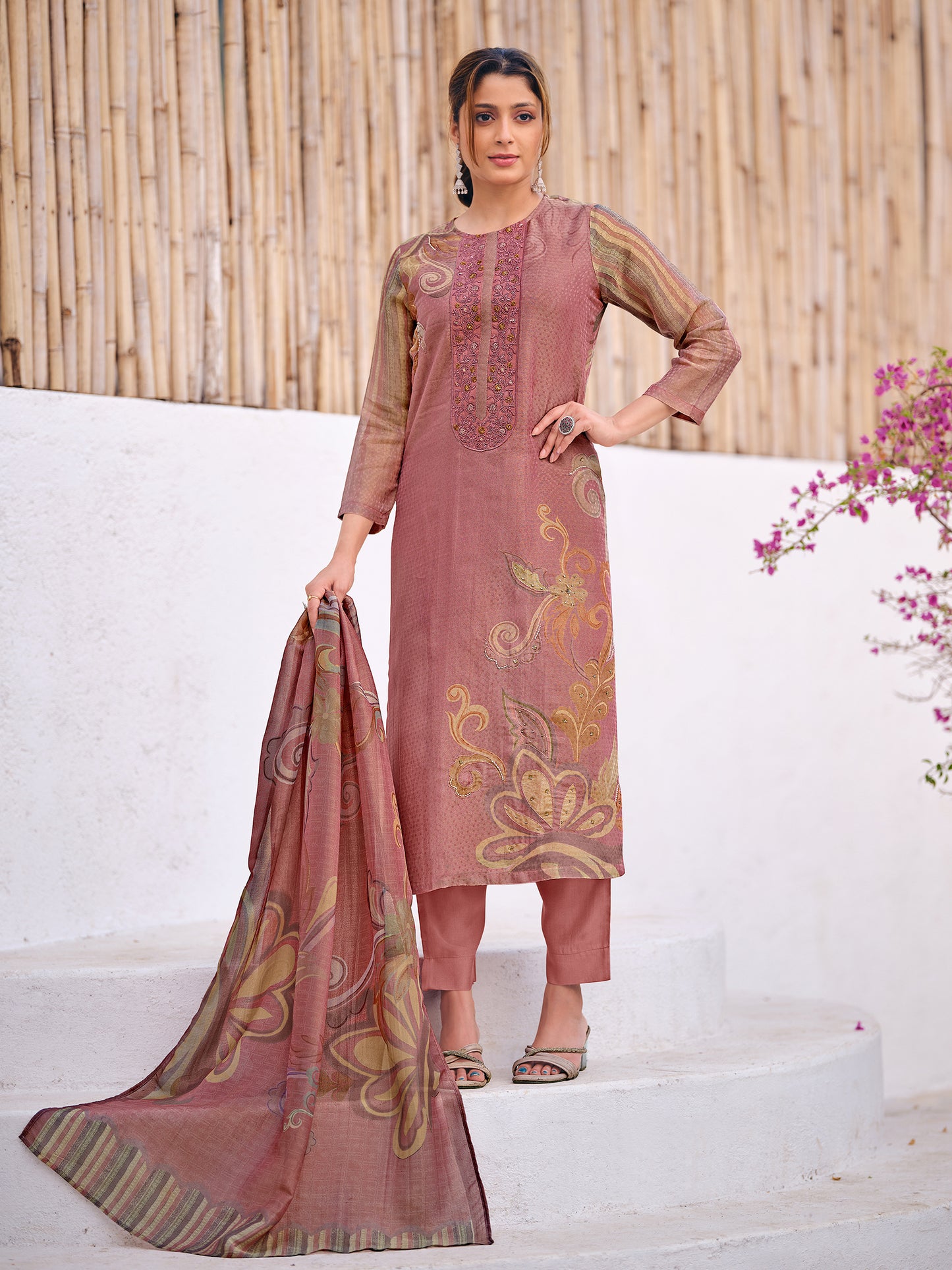 HAYAT RUST Organza Tissu Jaquard Unstitched Set With Fancy Handwork And Embroidery