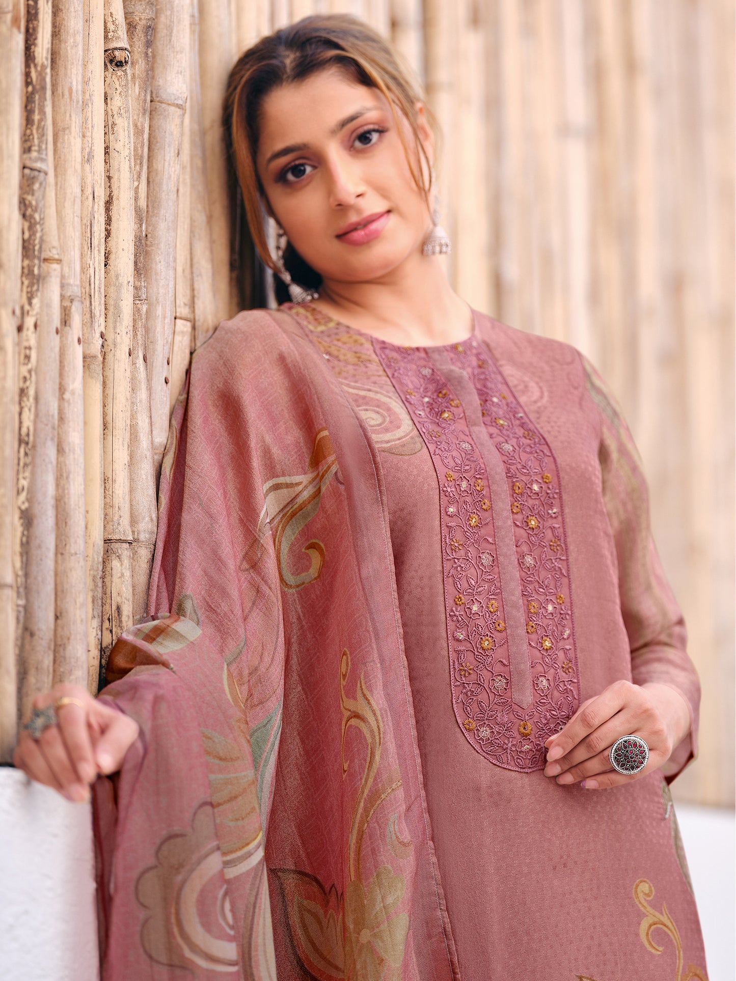 HAYAT RUST Organza Tissu Jaquard Unstitched Set With Fancy Handwork And Embroidery