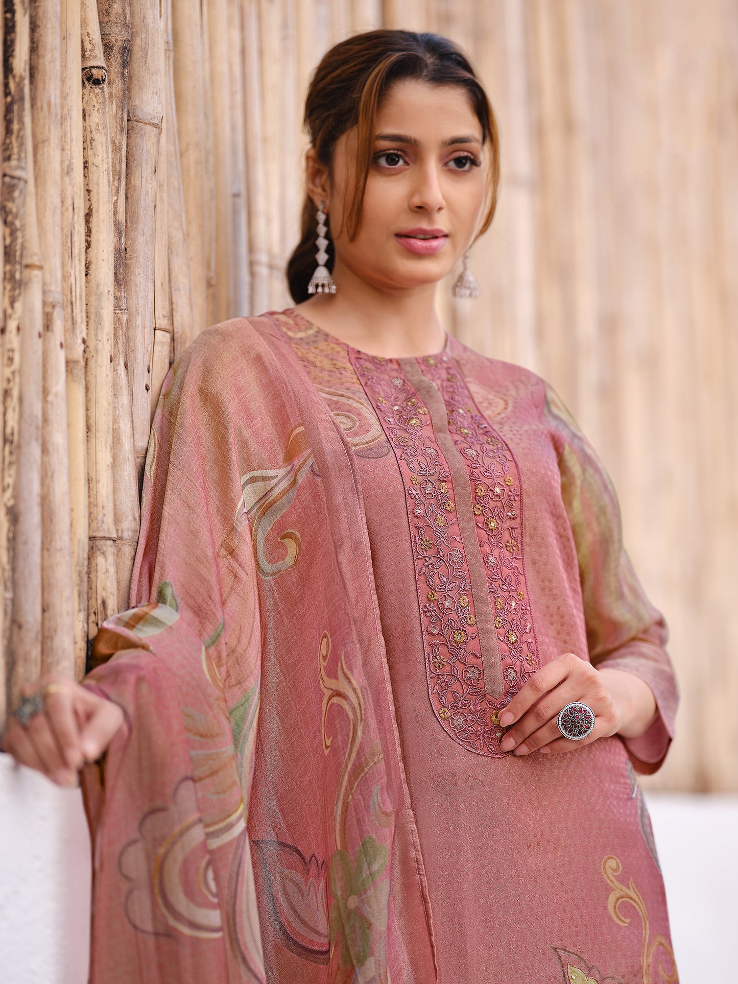 HAYAT RUST Organza Tissu Jaquard Unstitched Set With Fancy Handwork And Embroidery