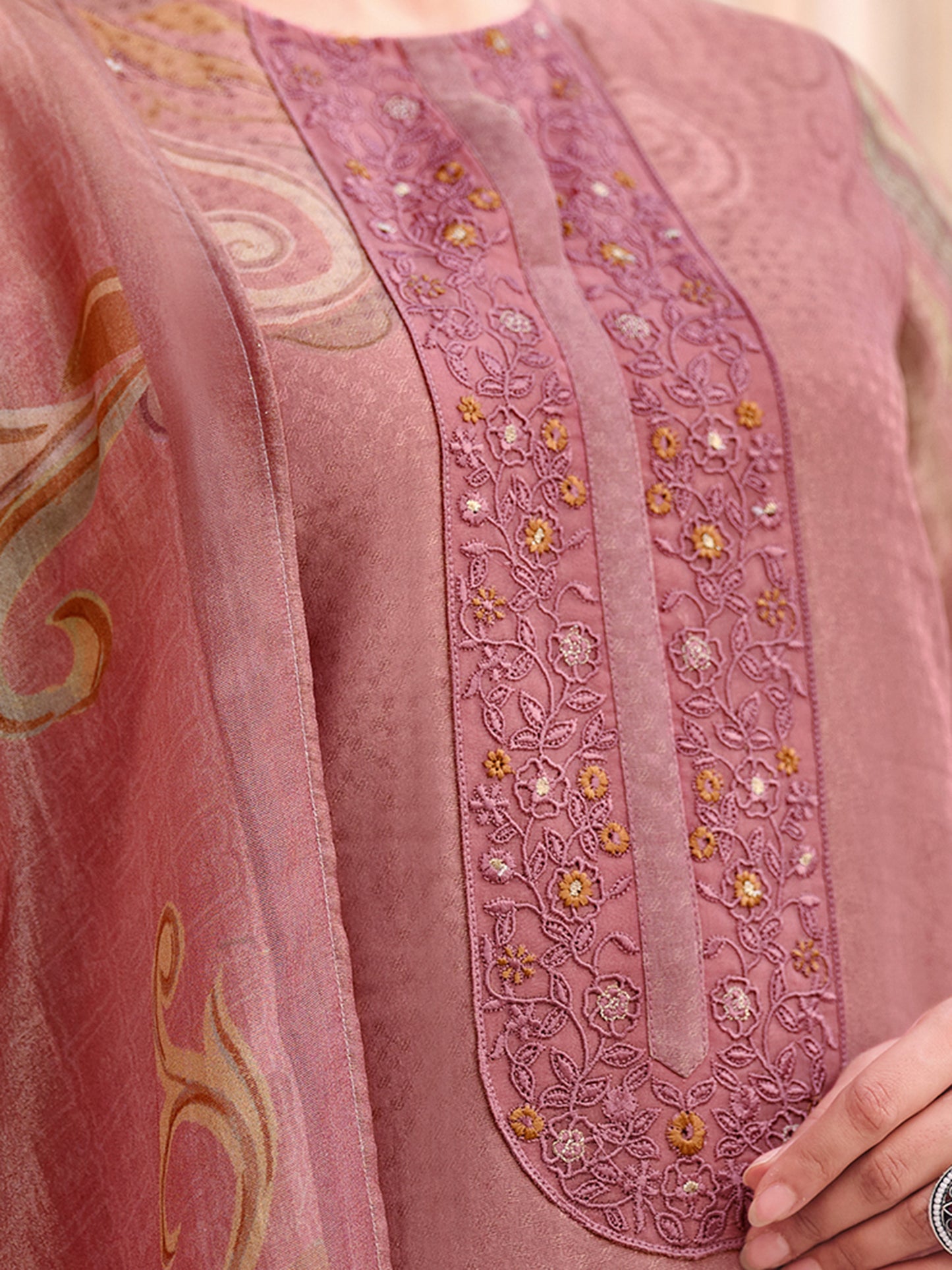 HAYAT RUST Organza Tissu Jaquard Unstitched Set With Fancy Handwork And Embroidery
