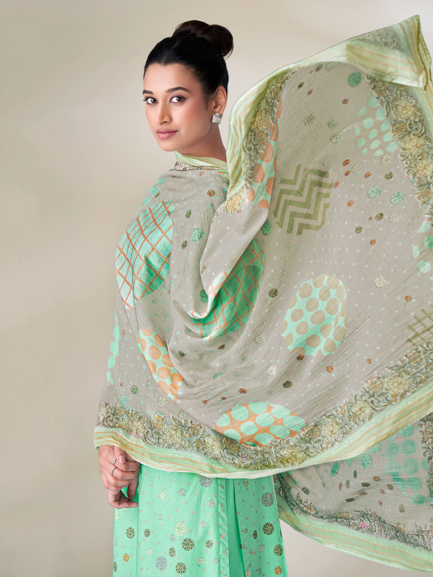 SHWET MINTGREEN Pure Cotton Unstitched Set with Handwork Elegance