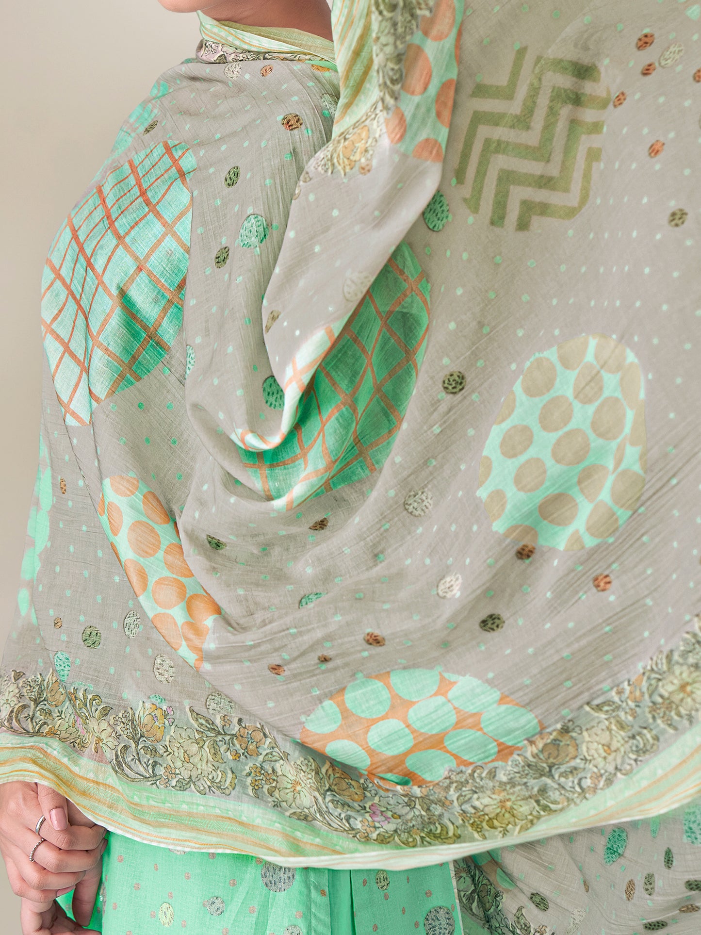 SHWET MINTGREEN Pure Cotton Unstitched Set with Handwork Elegance