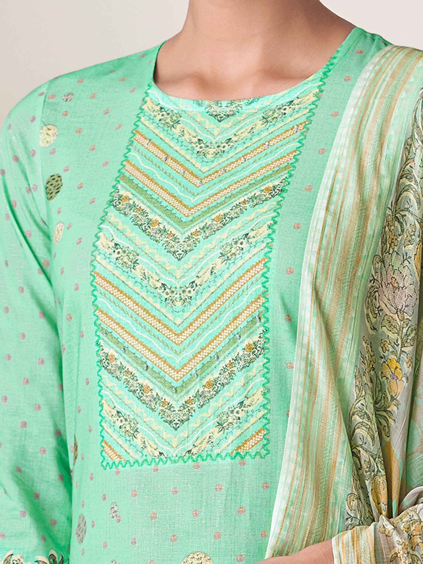 SHWET MINTGREEN Pure Cotton Unstitched Set with Handwork Elegance