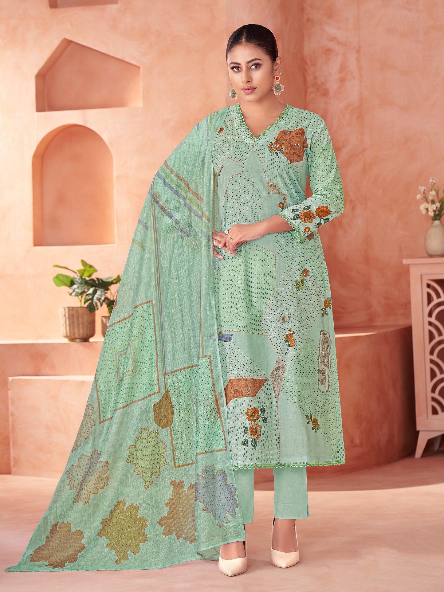 Suvya Light Green Pure Cotton Unstitched Set with Exquisite Handwork