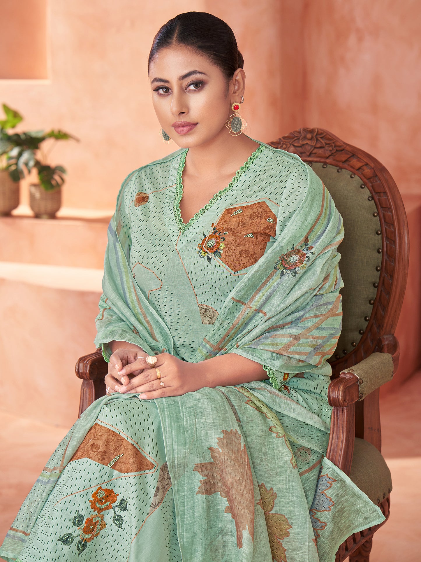 Suvya Light Green Pure Cotton Unstitched Set with Exquisite Handwork