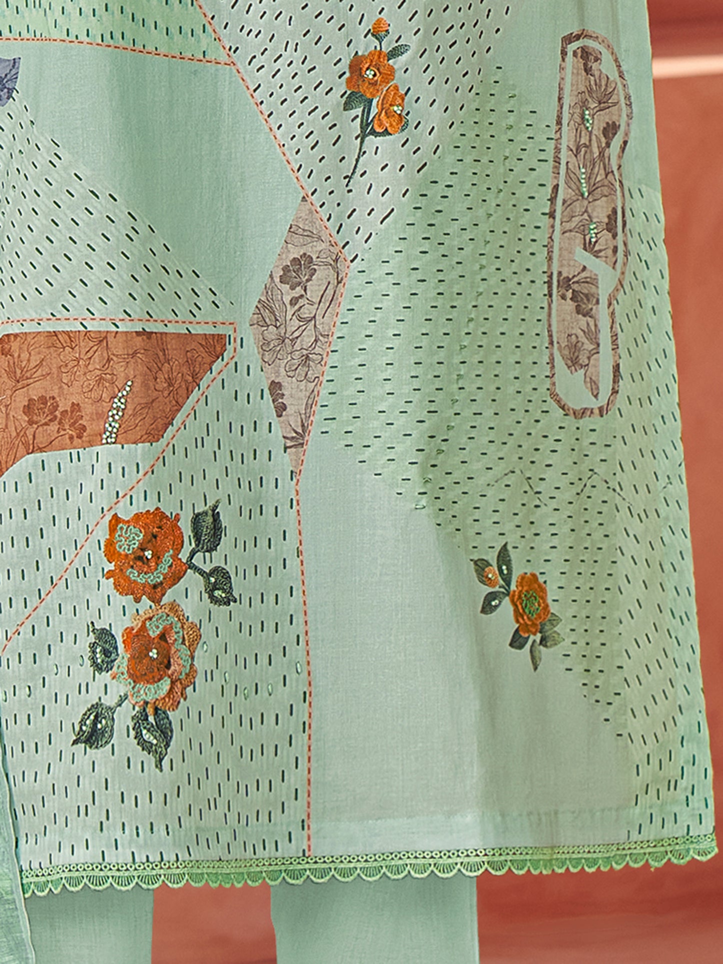 Suvya Light Green Pure Cotton Unstitched Set with Exquisite Handwork