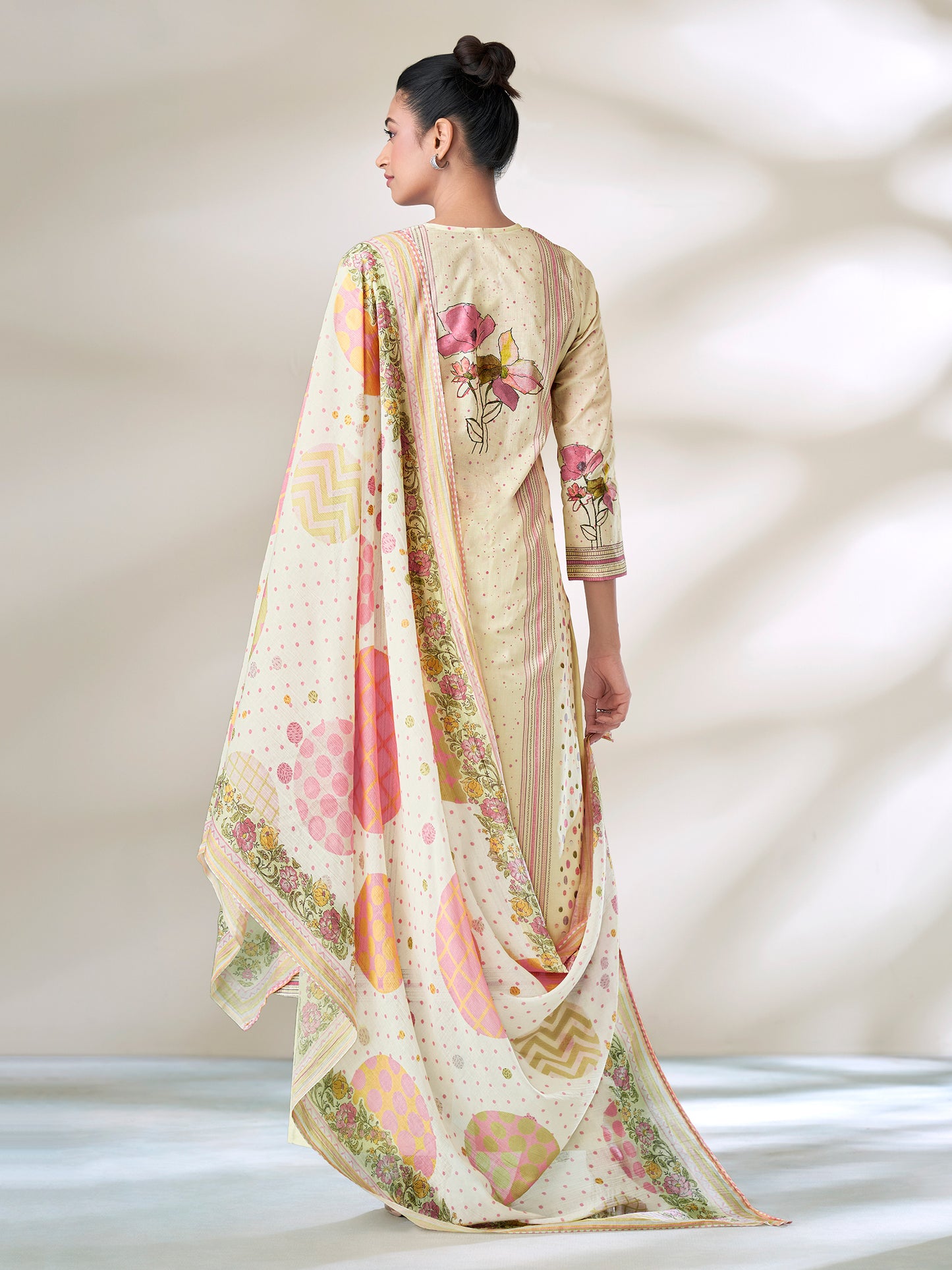 SHWET LIGHT CREAM Pure Cotton Unstitched Set with Handwork Elegance