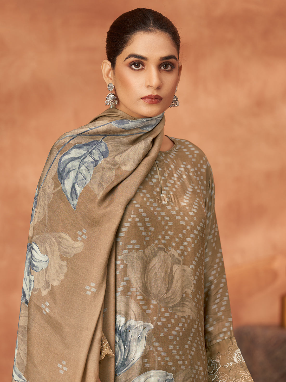 SANVI METALLIC BROWN Muslin SUIT Set With Handwork &Embroidery Or Threadle
