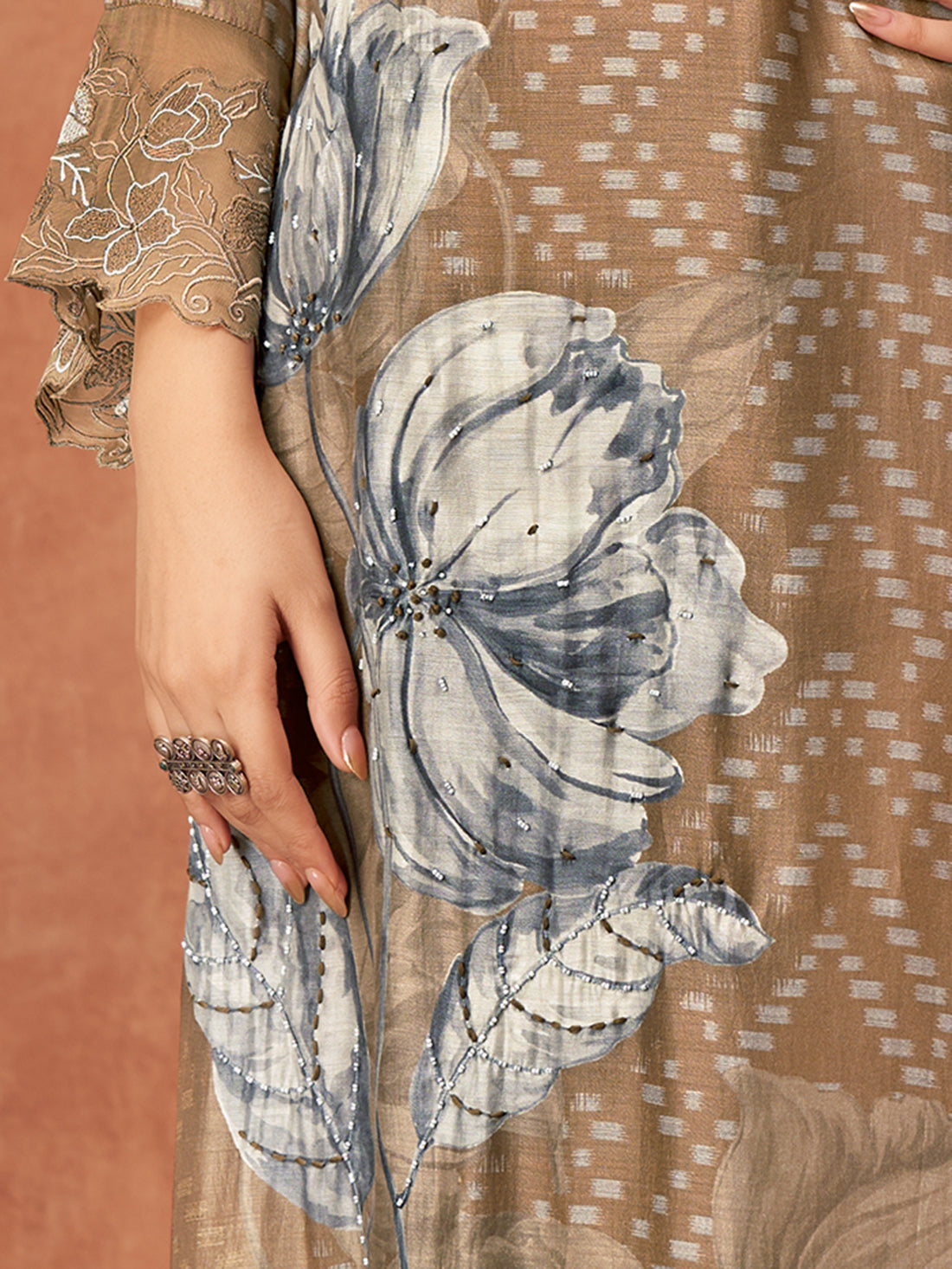 SANVI METALLIC BROWN Muslin SUIT Set With Handwork &Embroidery Or Threadle