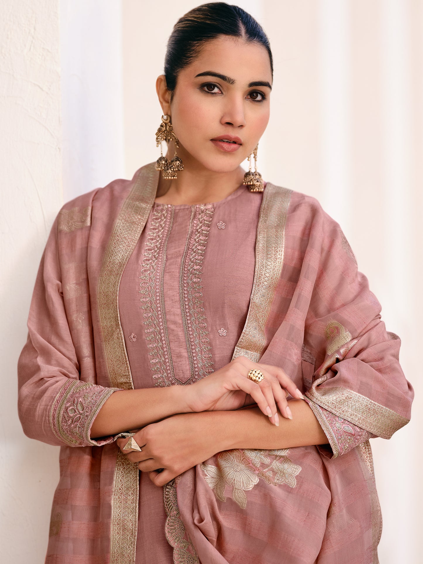MUGHAL PINK Pure Orgenza Linen Unstitched Set with Stunning Emroidery