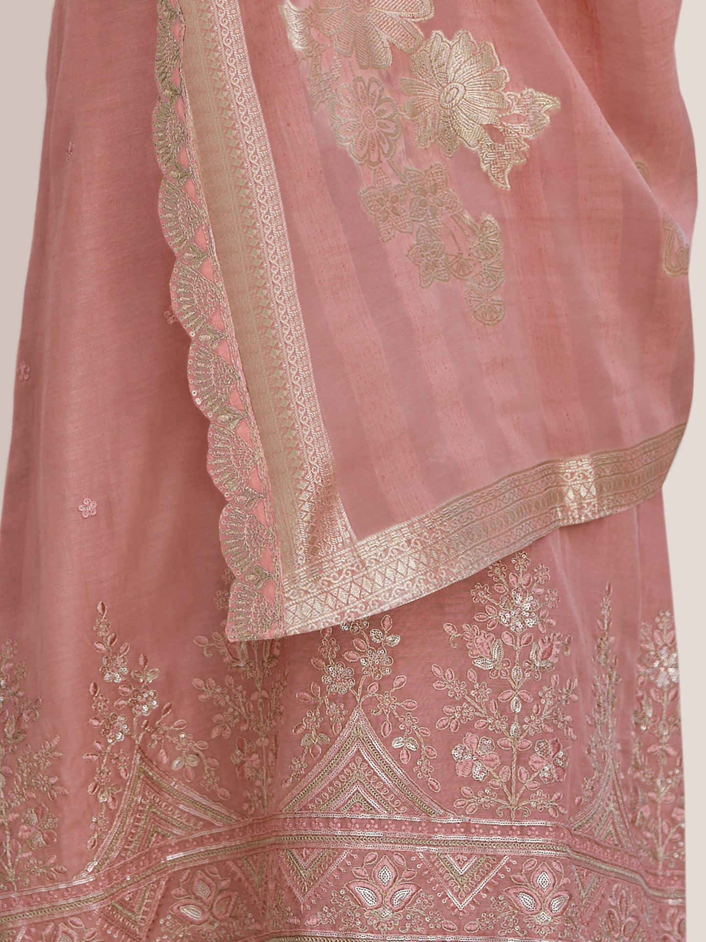 MUGHAL PINK Pure Orgenza Linen Unstitched Set with Stunning Emroidery