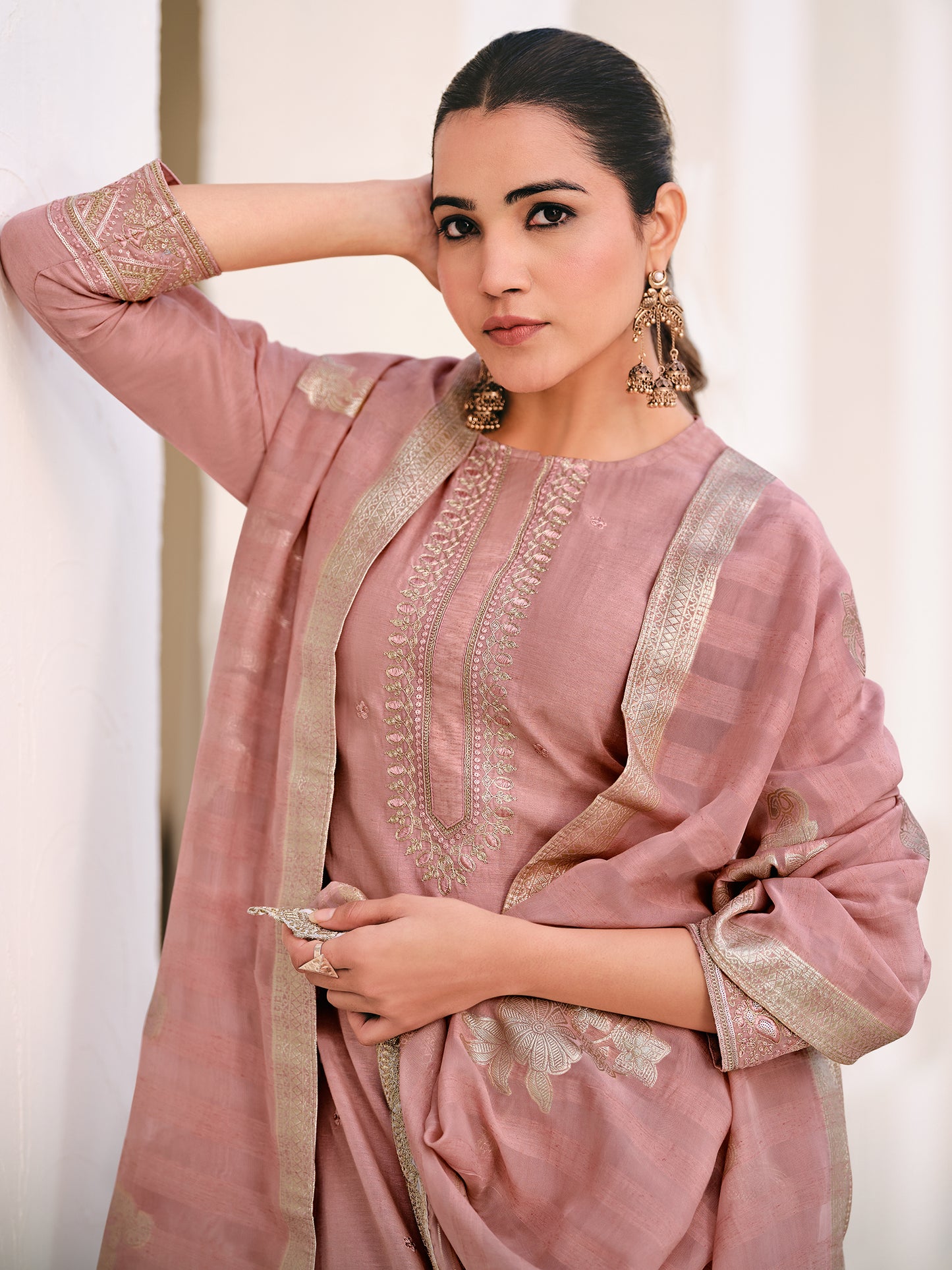 MUGHAL PINK Pure Orgenza Linen Unstitched Set with Stunning Emroidery