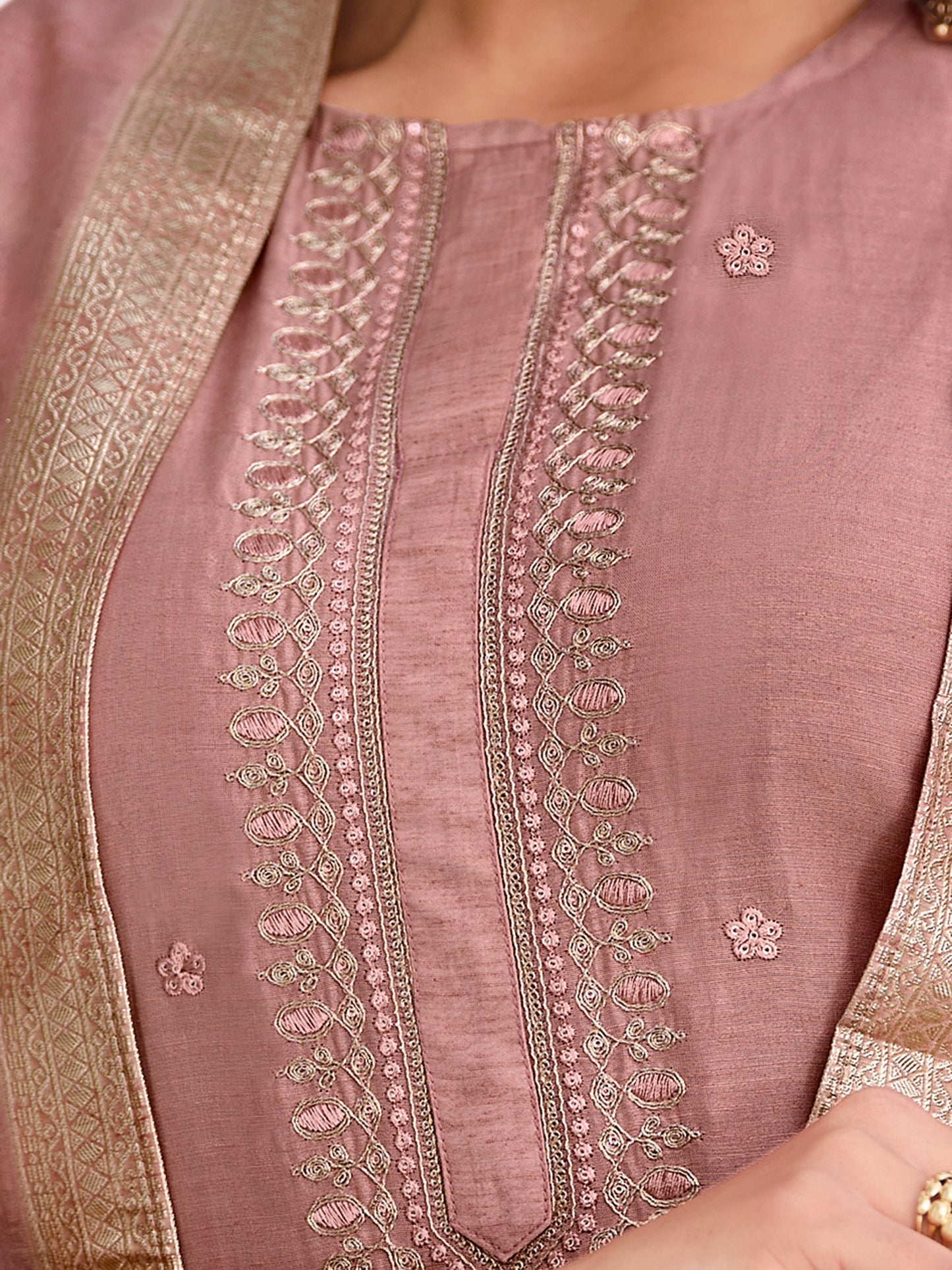 MUGHAL PINK Pure Orgenza Linen Unstitched Set with Stunning Emroidery