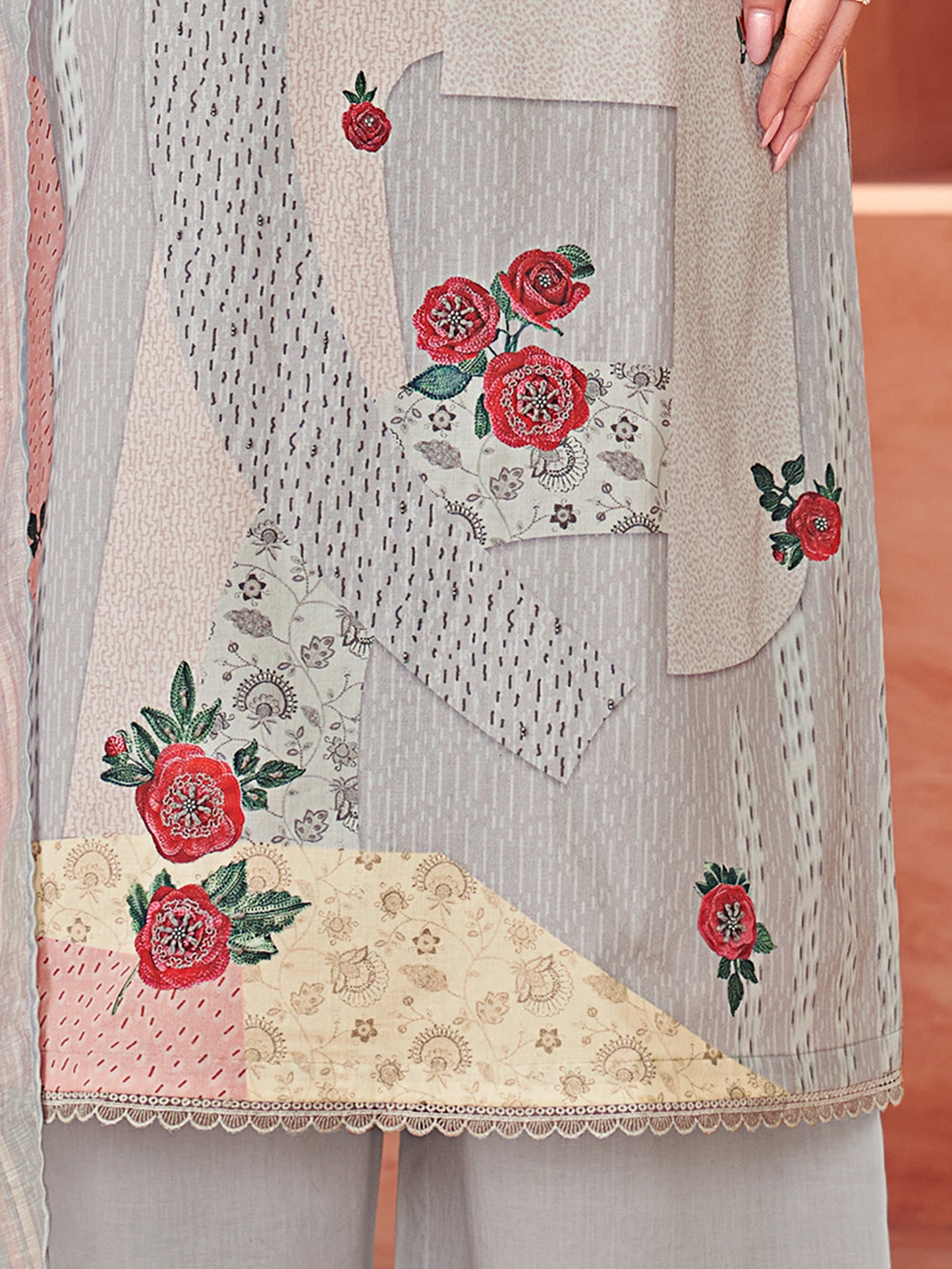 Suvya Grey Pure Cotton Unstitched Set with Exquisite Handwork