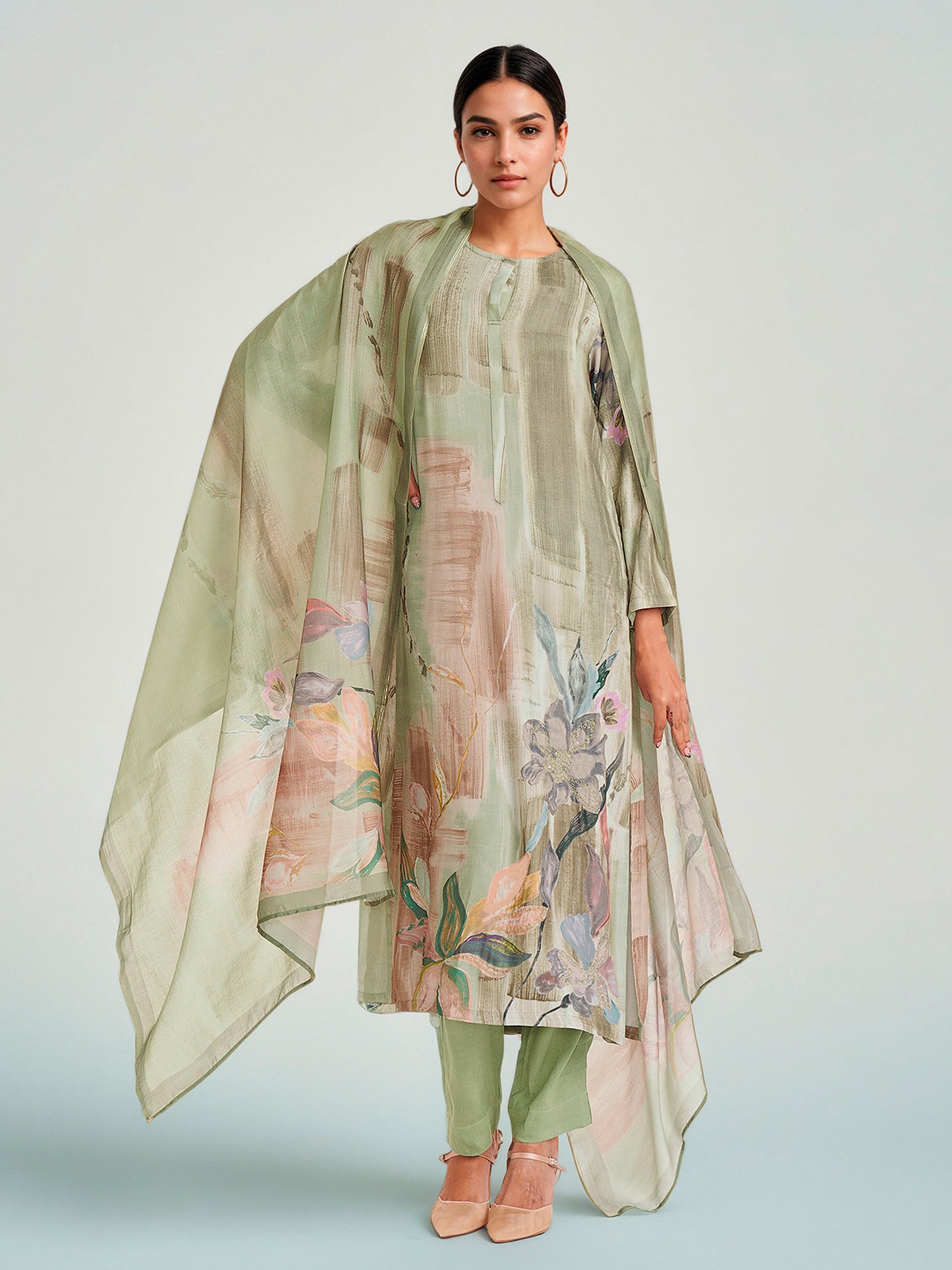Zeenat Pista Glow Pure Cotton Unstitched Set with Exquisite Handwork