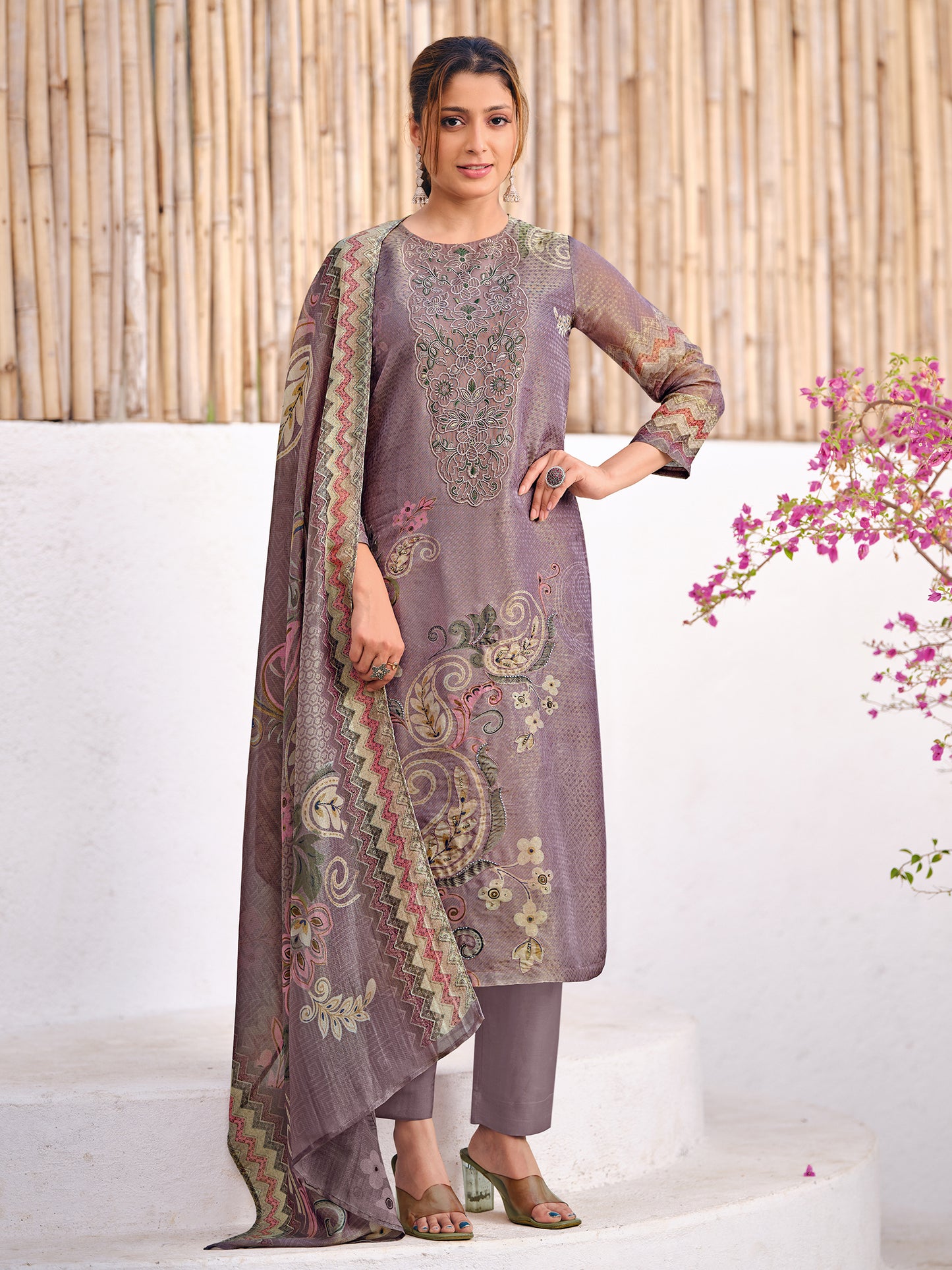 HAYAT VIOLET Organza Tissu Jaquard Unstitched Set With Fancy Handwork And Embroidery