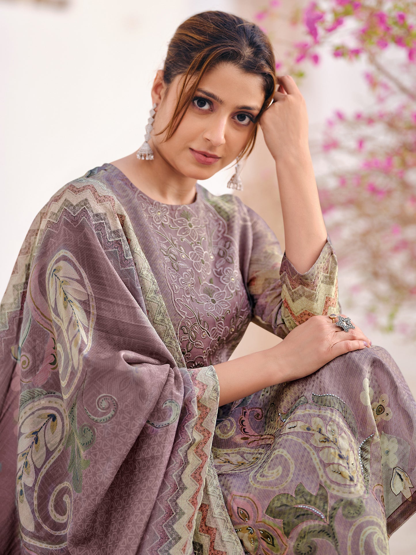 HAYAT VIOLET Organza Tissu Jaquard Unstitched Set With Fancy Handwork And Embroidery