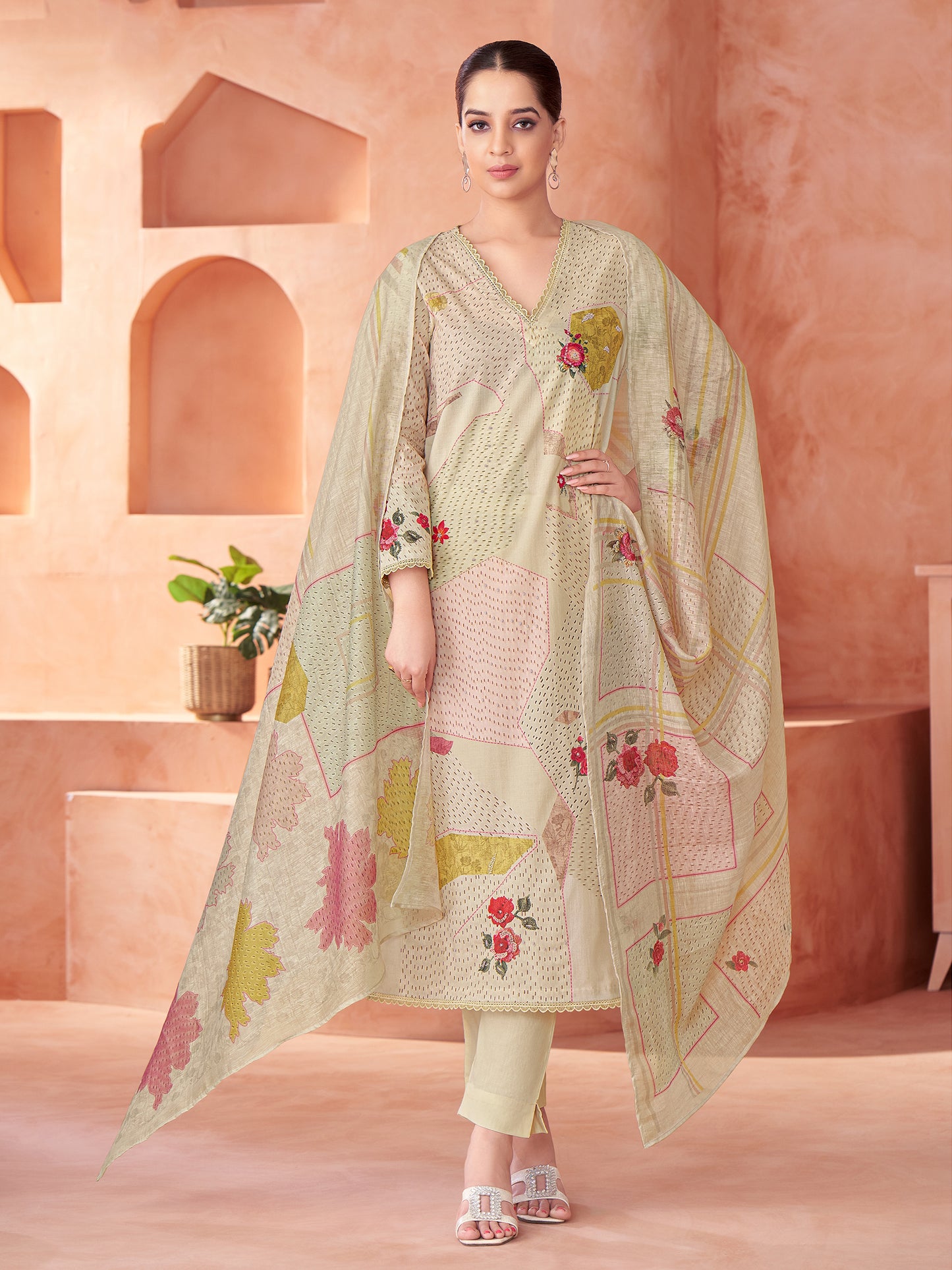 Suvya Cream Pure Cotton Unstitched Set with Exquisite Handwork