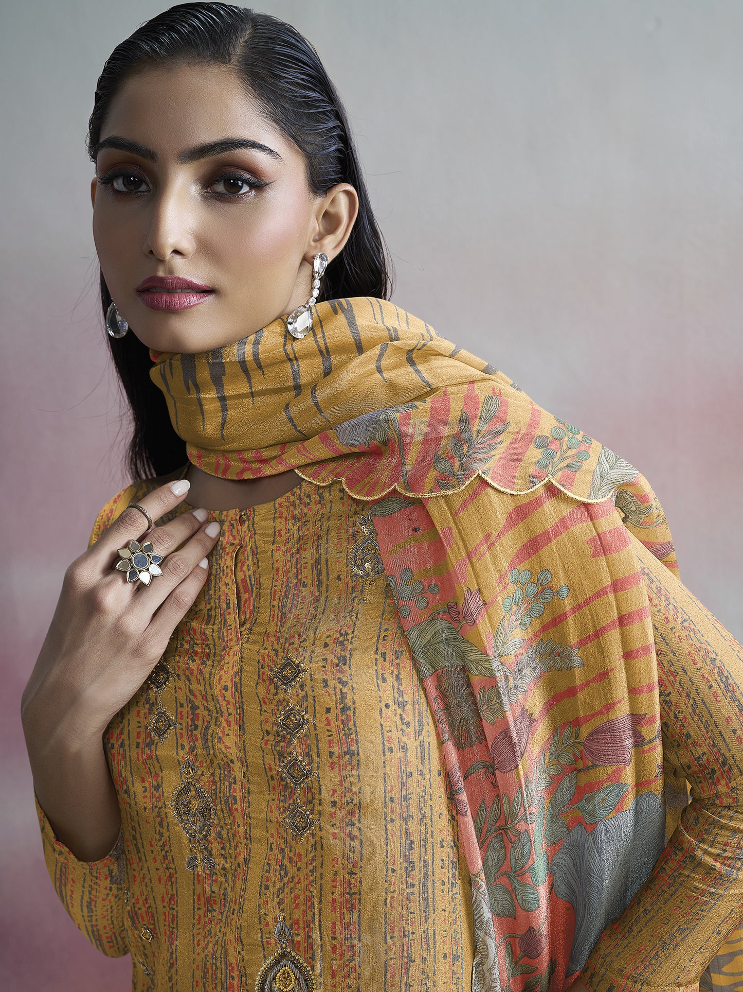 ROOP Radiant Yellow Pure Shimmer Tissue Suit Set with Exquisite Handwork & Elegant Embroidery