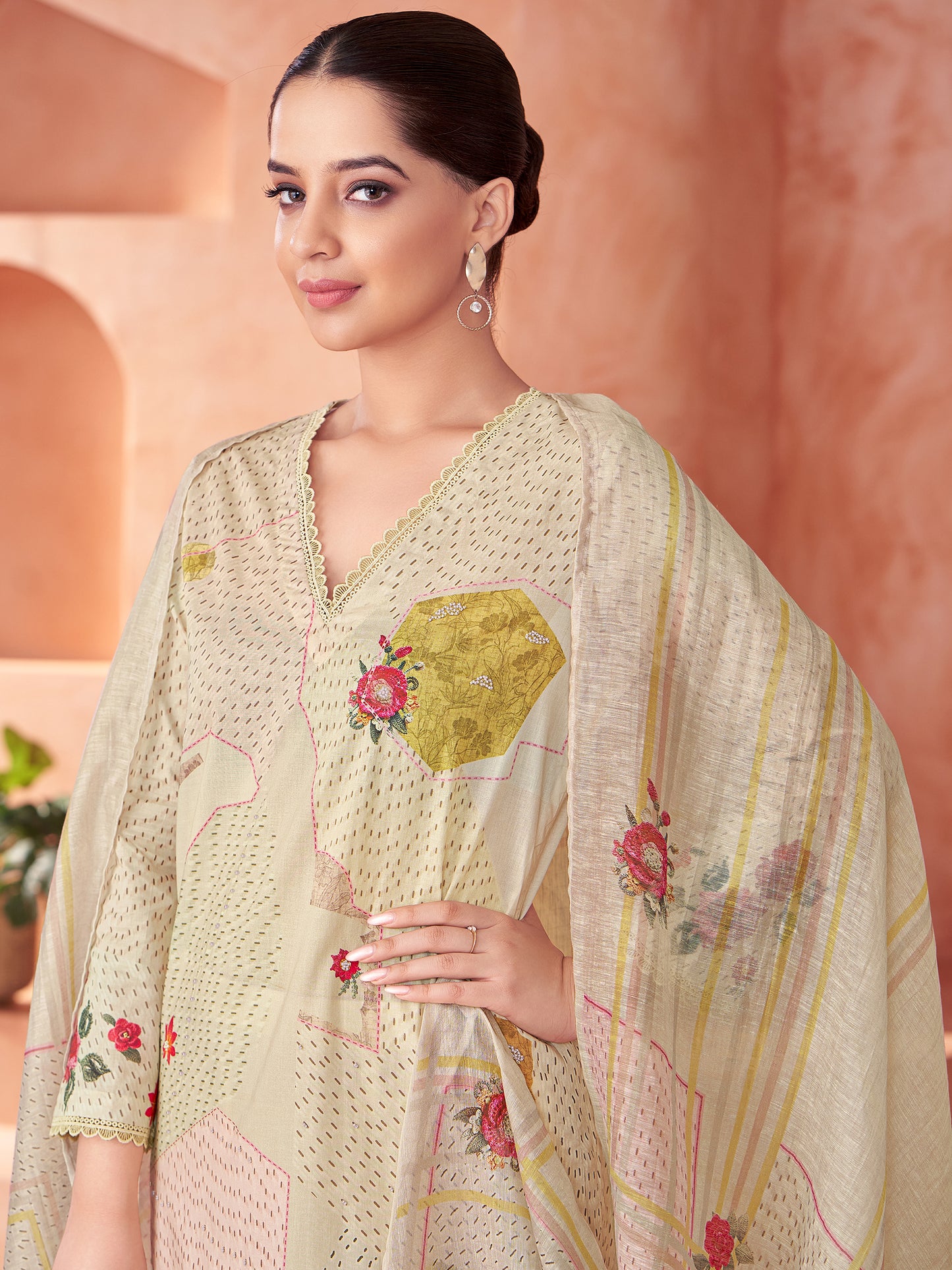 Suvya Cream Pure Cotton Unstitched Set with Exquisite Handwork