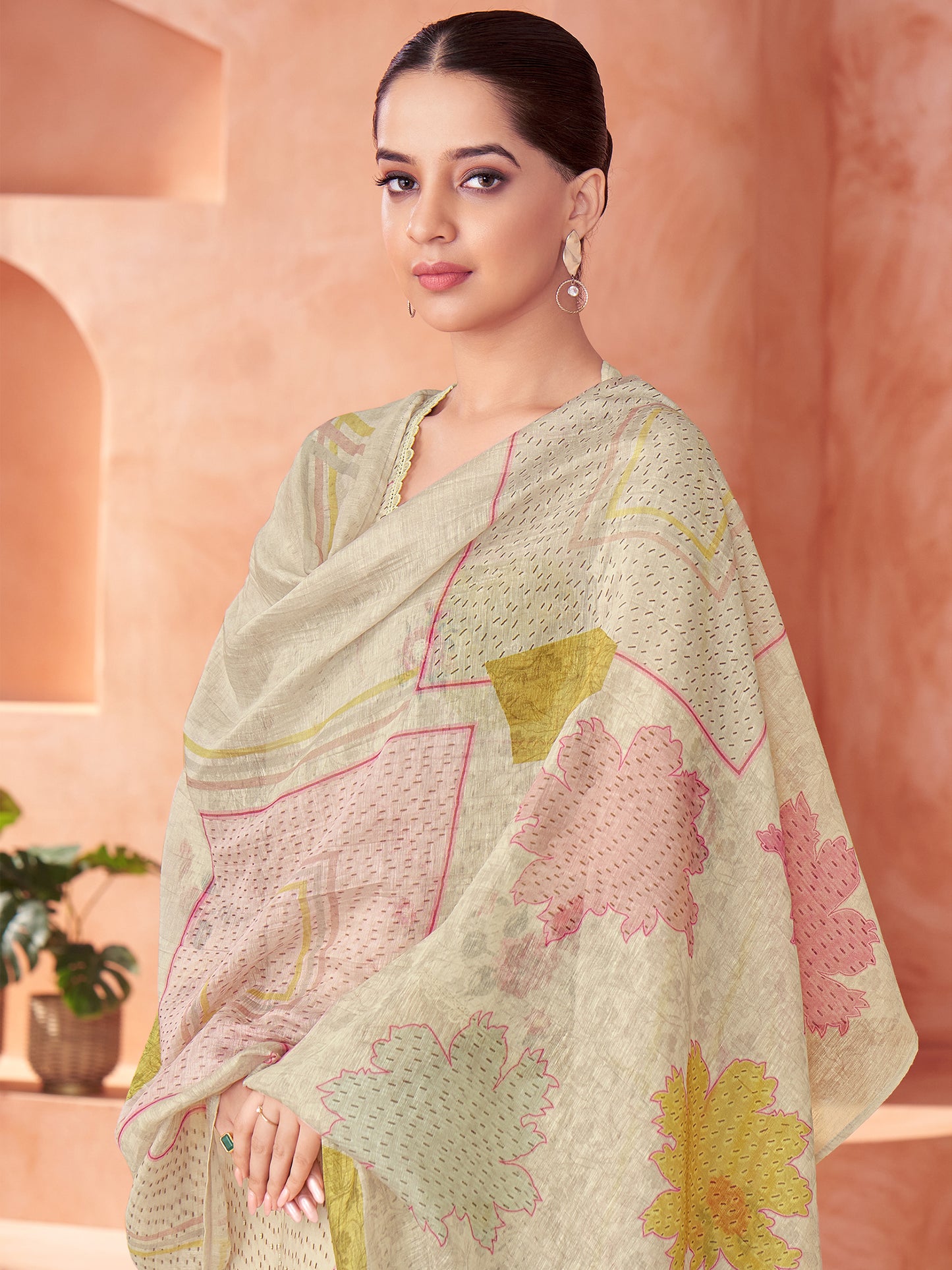 Suvya Cream Pure Cotton Unstitched Set with Exquisite Handwork